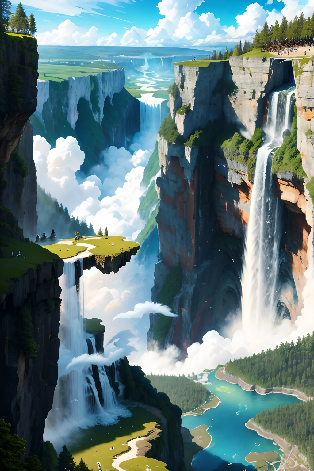 Flying on the cliff, above the very high waterfall, look down on the fluctuating pond, high sunlight, blue sky, white cloud, birds, forest, trees, 8K, masterpiece, best quality, high resolution, extremely full detailed