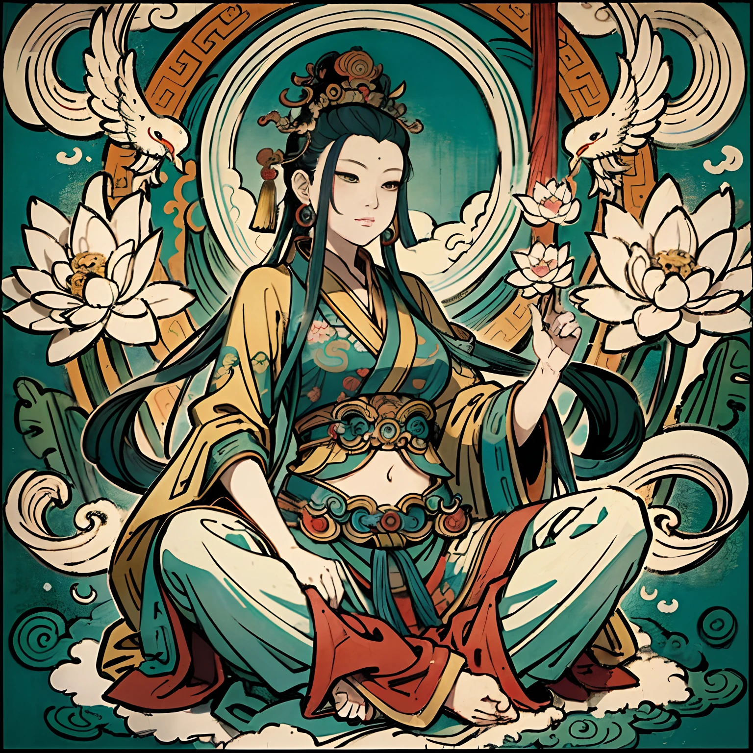 an ancient Chinese goddess, guanyin of the southern seas, Guanyin, Inspired by India, Avalokiteshvara rides a phoenix,,Serene expression,shui mo hua,Buddha,Buddhist,Lotus,Chinese painting style,Thangka style