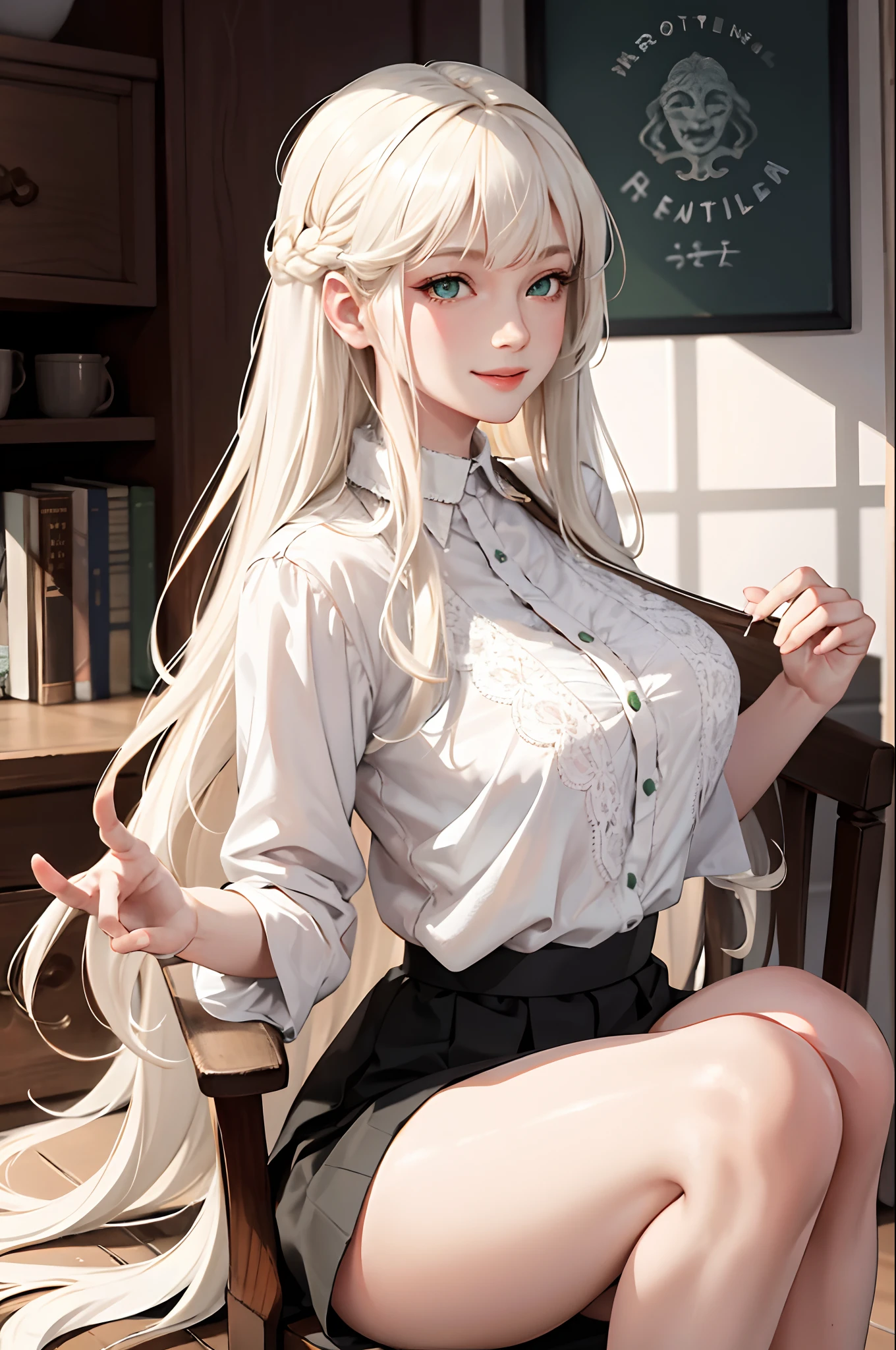 (masterpiece:1.2, best quality), (real picture, intricate details), 1lady, solo, upper body, casual, long hair, minimal makeup, natural fabrics, close-up face, smile, home, long light platinum blonde hair, bangs, green eyes, big breasts, big butt, skirt.