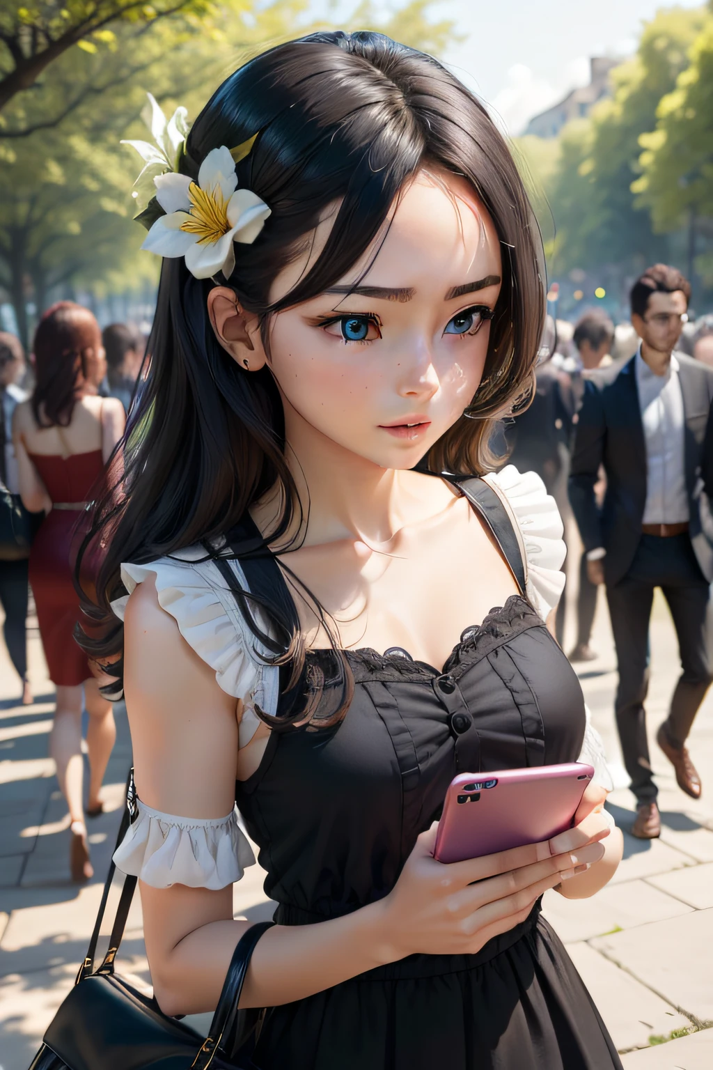 In a park animated by a gentle spring breeze, A young girl runs lightly, her black hair floating behind her. She wears a pretty dress that highlights her delicate figure. Her blue eyes sparkle with excitement as she stares intently at her cell phone in her hand..
Despite its small size and slim stature, She exudes a lively energy and radiant confidence. Ses seins, ronds et harmonieux, add a touch of femininity to her youthful look. His angelic face is lit by a radiant smile, betraying her infatuation with what she sees on her phone screen.
The sun is reflected in his blue eyes, creating bursts of light that illuminate his captivating gaze. She is completely absorbed by what she sees, his slightly furrowed eyebrows testifying to his concentration. We can guess that she is immersed in a game, An exciting conversation or maybe even discovering a captivating new story.
Autour d'elle, Green trees and multicolored flowers create an enchanting setting, but she is totally immersed in her virtual world. The scene captures the precise moment she runs, his phone in his hand, eyes fixed on the screen, showing an insatiable excitement and curiosity.
Ce prompt met en avant une jeune fille mince et dynamique, dressed in a pretty dress, avec des cheveux noirs et des yeux bleus, captivated by her mobile phone and immersed in her own virtual universe.