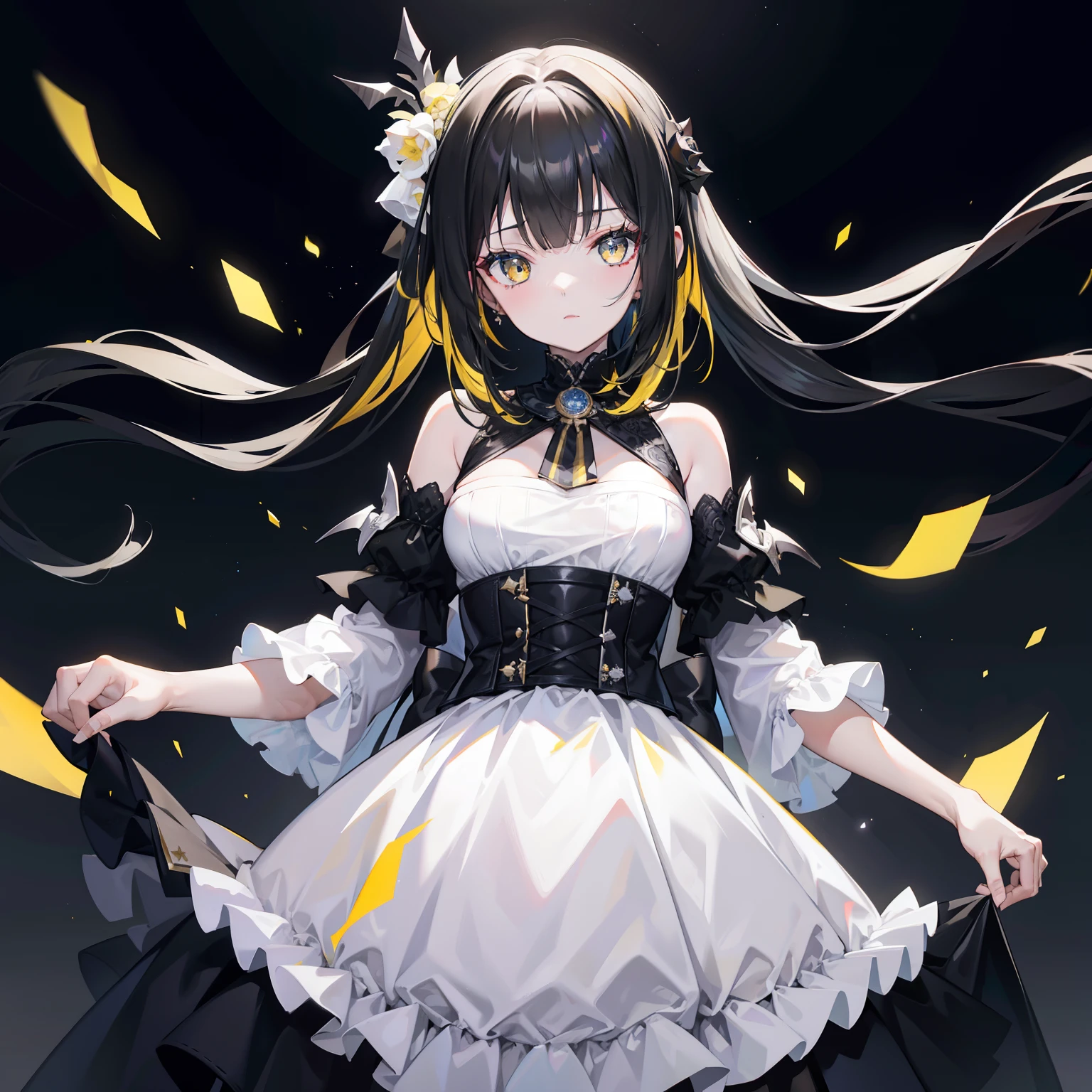 Black-yellow hair,There are white ornaments,Black gauze dress,She is an elite girl