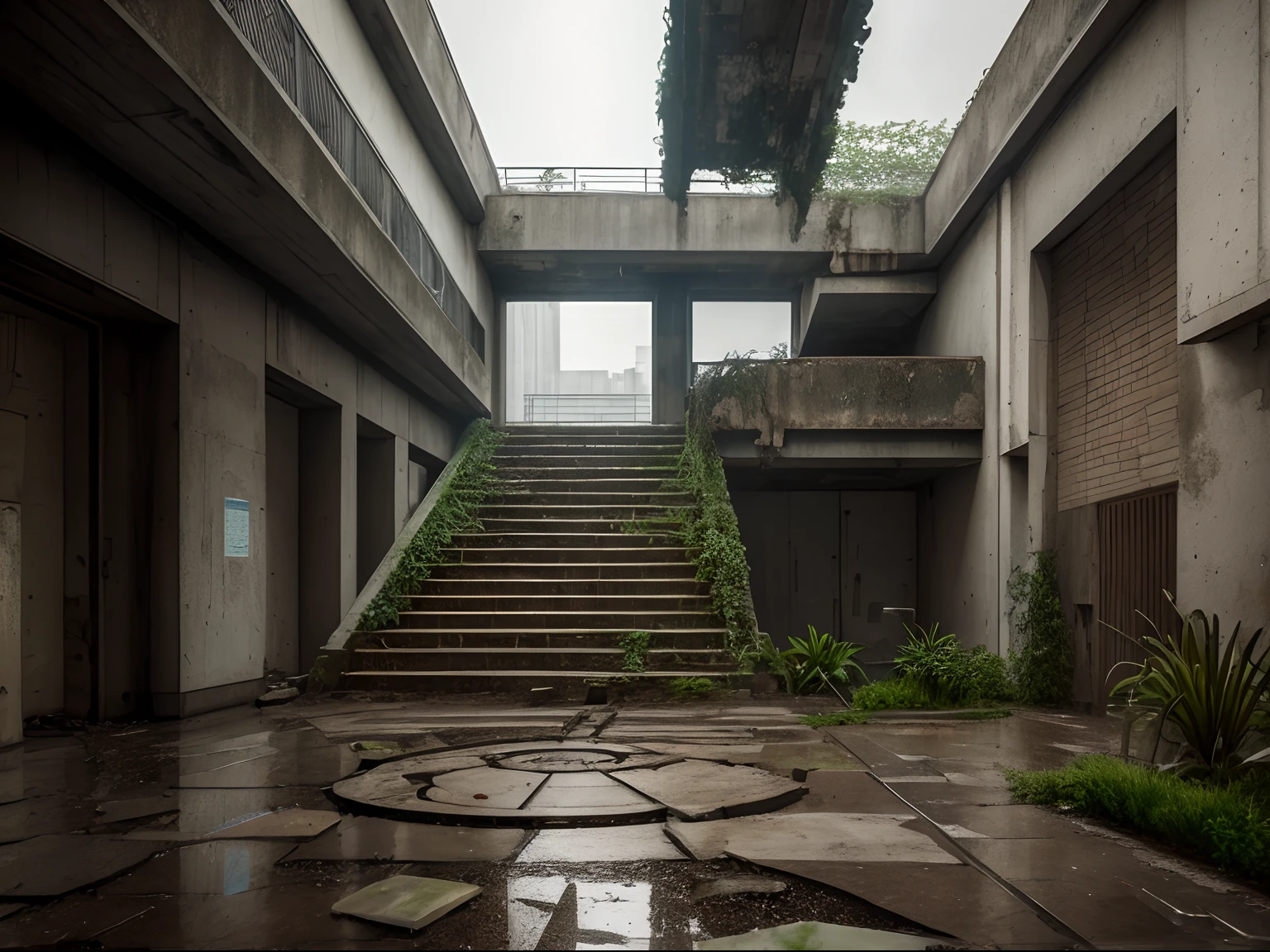 sculptures in a liminal place, gloomy ambience, abandoned, backrooms, dirty, brutalist architecture, tension, nostalgic, giant, labyrinth, steps, stairs, plants, 4k, HD, destroyed, a fountain, puddles, rusty