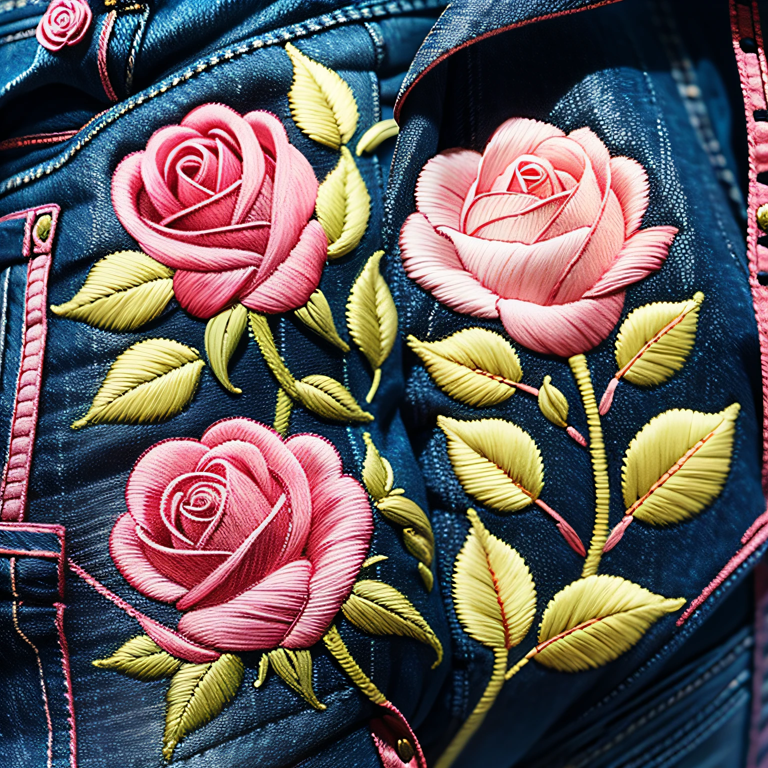 A pink rose was embroidered on denim