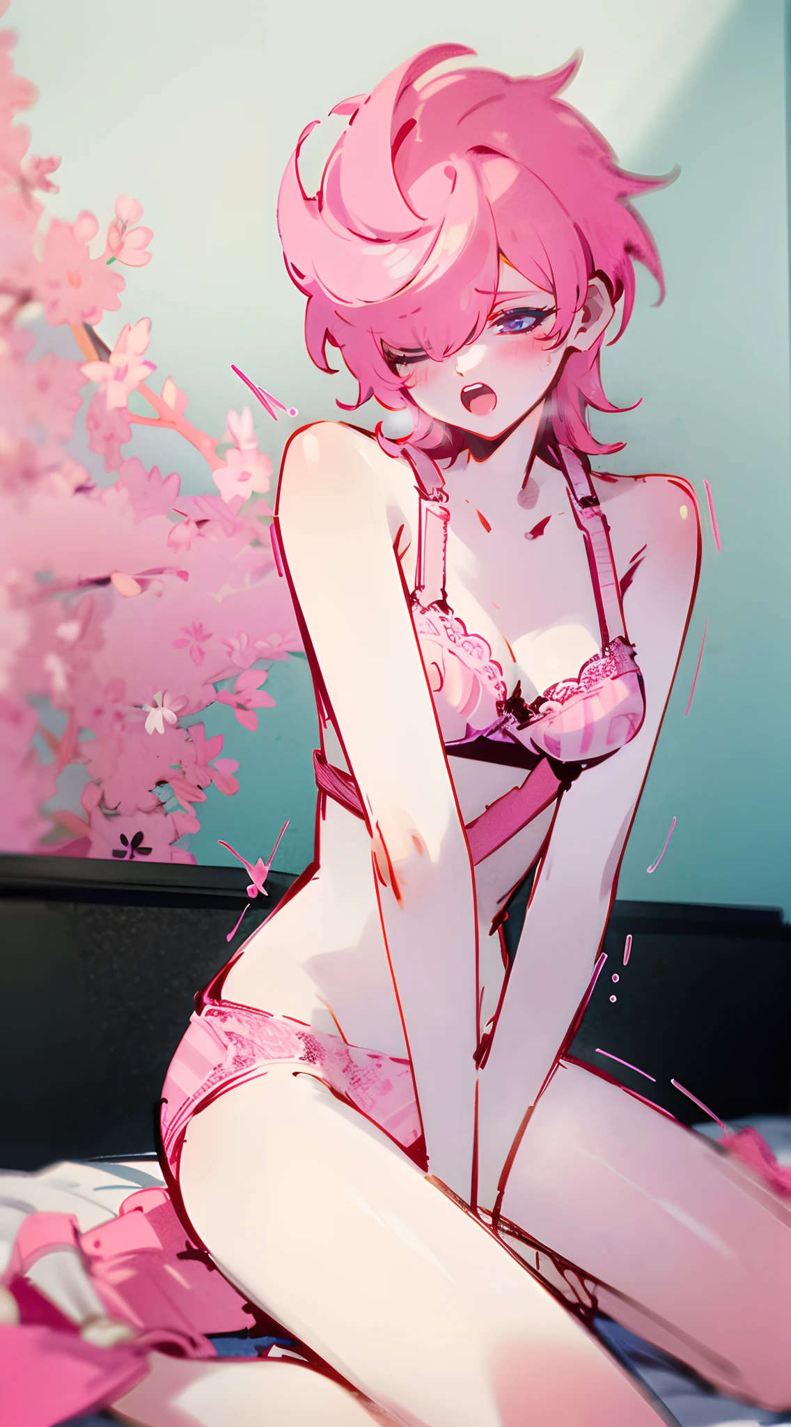 trishuna, trishjojo, trish una, absurdres, absolutely resolution, incredibly absurdres, highres, ultra detailed, official art, unity 8k wallpaper, Kinetic Typography
BREAK
(1girl, solo:1.4), dynamic poses, dynamic angle, close-up, full body, (sleepy, yawning:1.4)
BREAK
(rubbing eyes, one eye closed:1.4)
BREAK
sitting, , wariza, sitting, hand between leg, between legs, open legs, spread legs, bare legs
BREAK
pajamas, oversized clothes, oversized pajamas, (naked pajamas:1.4), long shirt, single shoulder shirt, downblouse, wide sleeves, undressing
BREAK
(pink lace bra, pink lace panties:1.4), bare legs, cameltoe
BREAK
indoors, morning, window, bedroom, on the bed, stuffed animal, (white wall:1.4)
BREAK
nice hands, perfect hands,