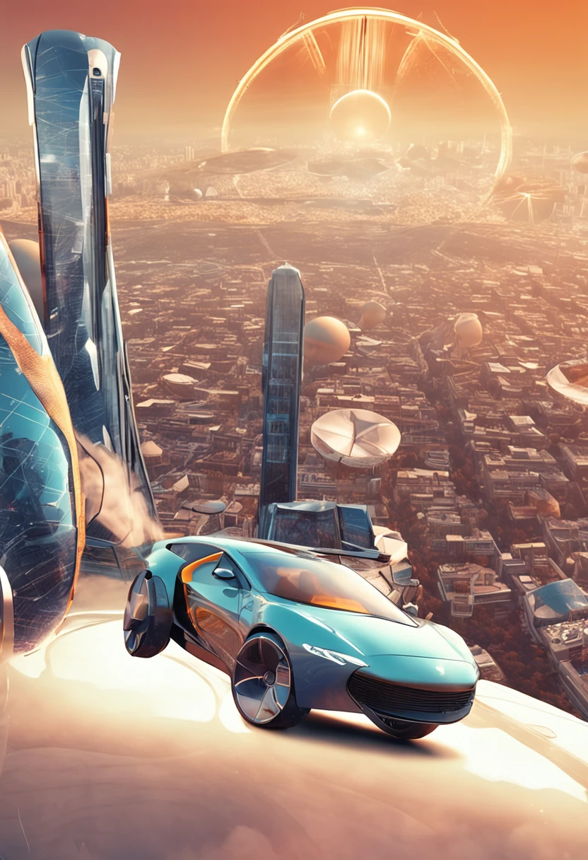 Carro futurista, designer oval, cabine transparente mostrando piloto, flying at altitude over a city with gleaming buildings on a planet illuminated by the midday sun, arte intrincada, detalhes precisos, fiction art, revista premiada, cinematic quality, 8K