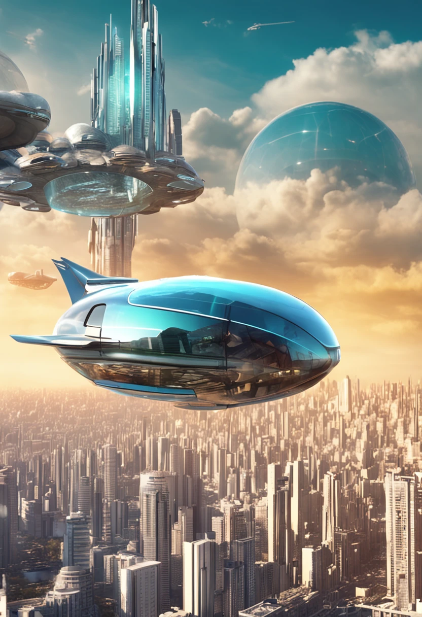 Carro futurista, designer oval, cabine transparente mostrando piloto, flying at altitude over a city with gleaming buildings on a planet illuminated by the midday sun, arte intrincada, detalhes precisos, fiction art, revista premiada, cinematic quality, 8K