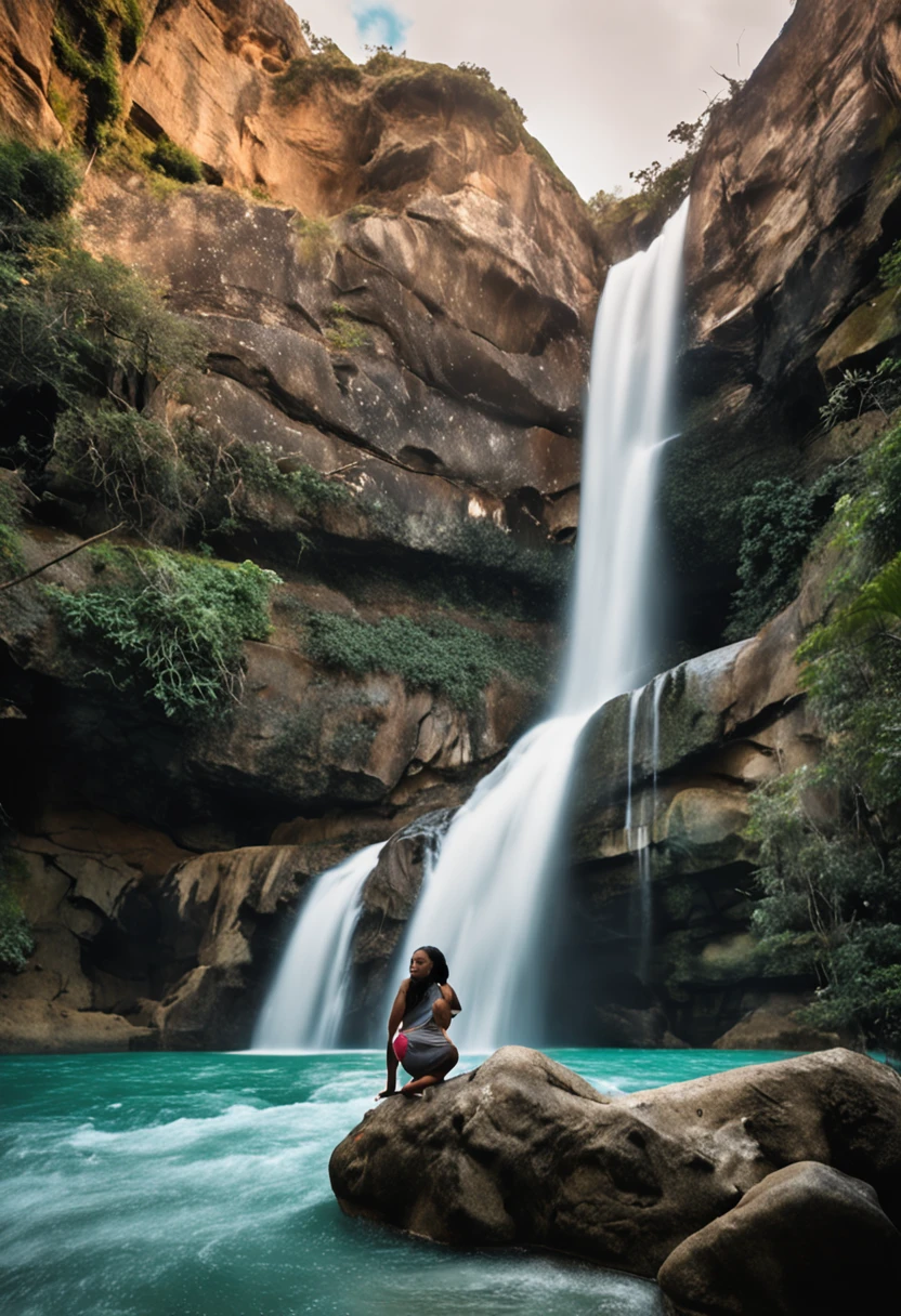 mulher adulta, standingn, com o corpo de lado, olhos fechados, gravida de 8 meses, nua, com corpo molhado de agua, olhando para uma cachoeira, cachoeira grande como fundo da imagem, Blue sky with nuvers ::n_ desenho, baixa qualidade, roupas, anime
