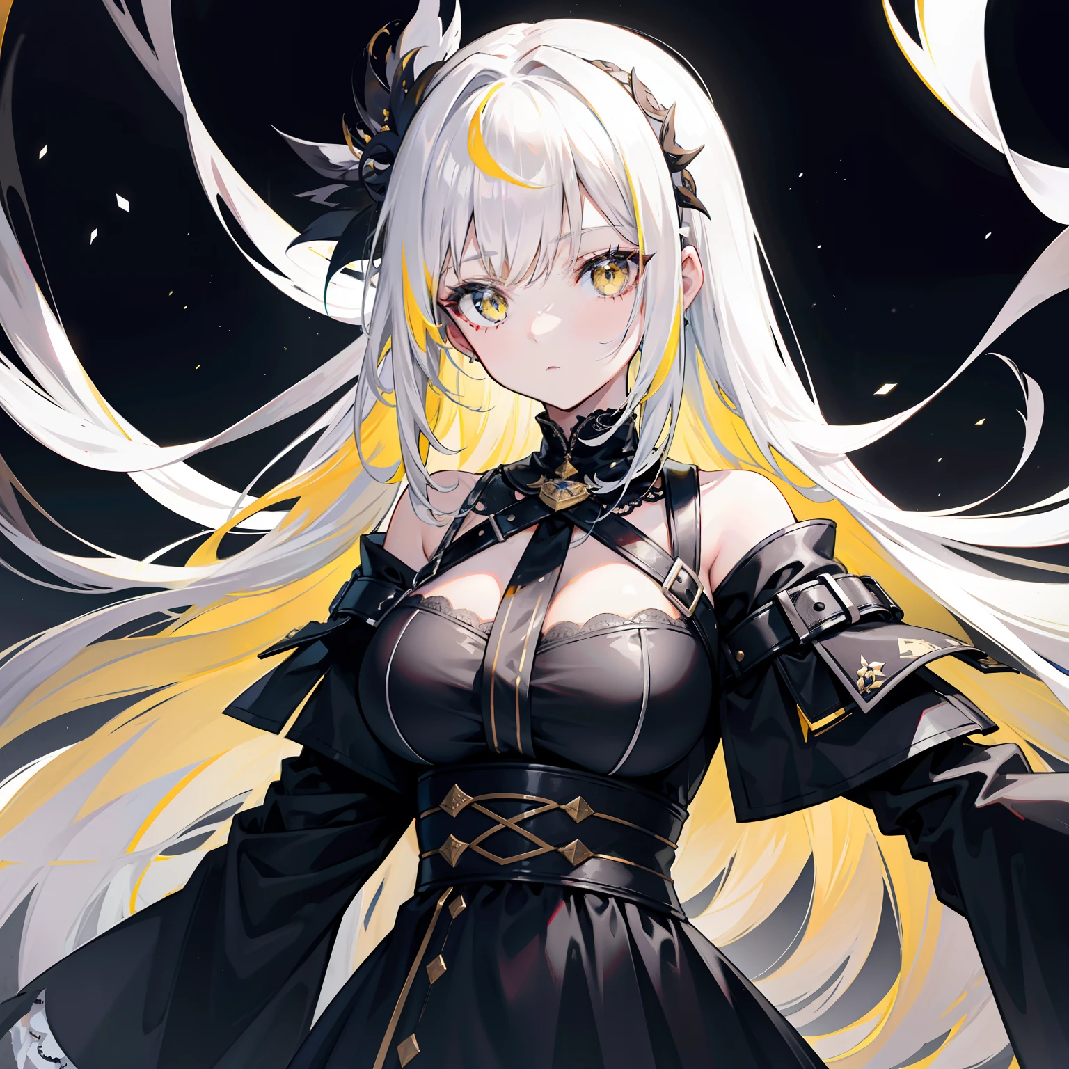 Black-yellow hair,There are white ornaments,Black gauze dress,She is an elite girl