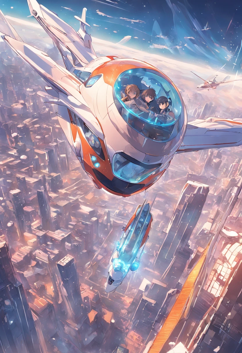 Carro futurista, designer oval, cabine transparente mostrando piloto, flying at altitude over a city with gleaming buildings on a planet illuminated by the midday sun, arte intrincada, detalhes precisos, fiction art, revista premiada, cinematic quality, 8K