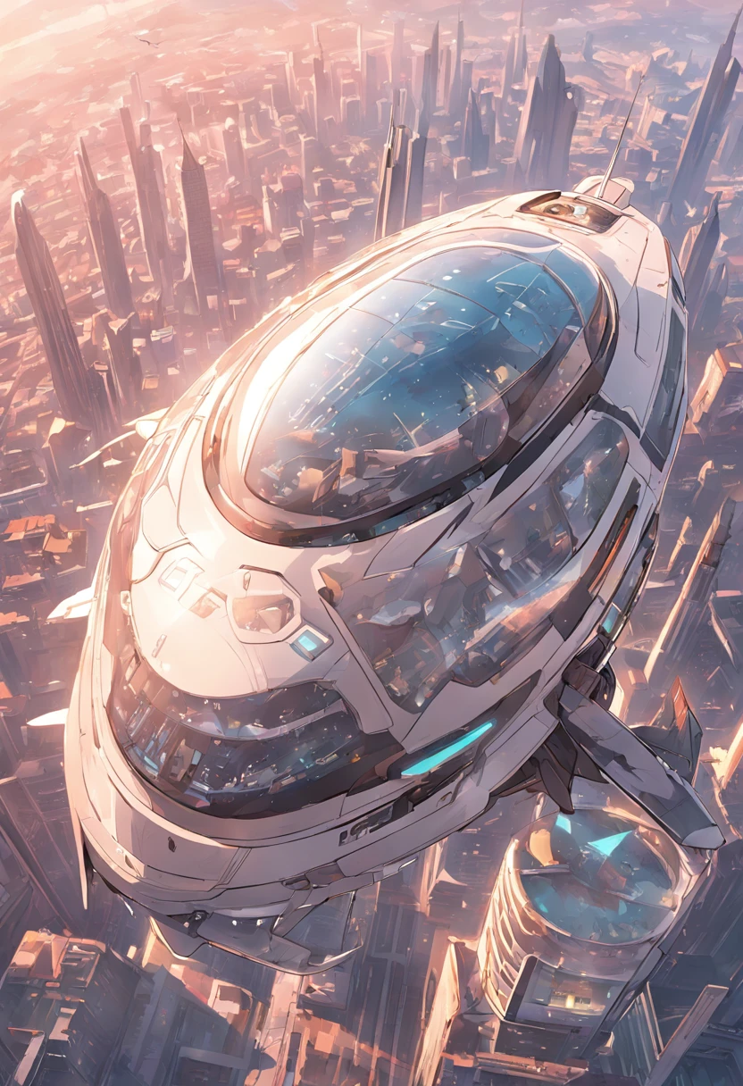 Carro futurista, designer oval, cabine transparente mostrando piloto, flying at altitude over a city with gleaming buildings on a planet illuminated by the midday sun, arte intrincada, detalhes precisos, fiction art, revista premiada, cinematic quality, 8K