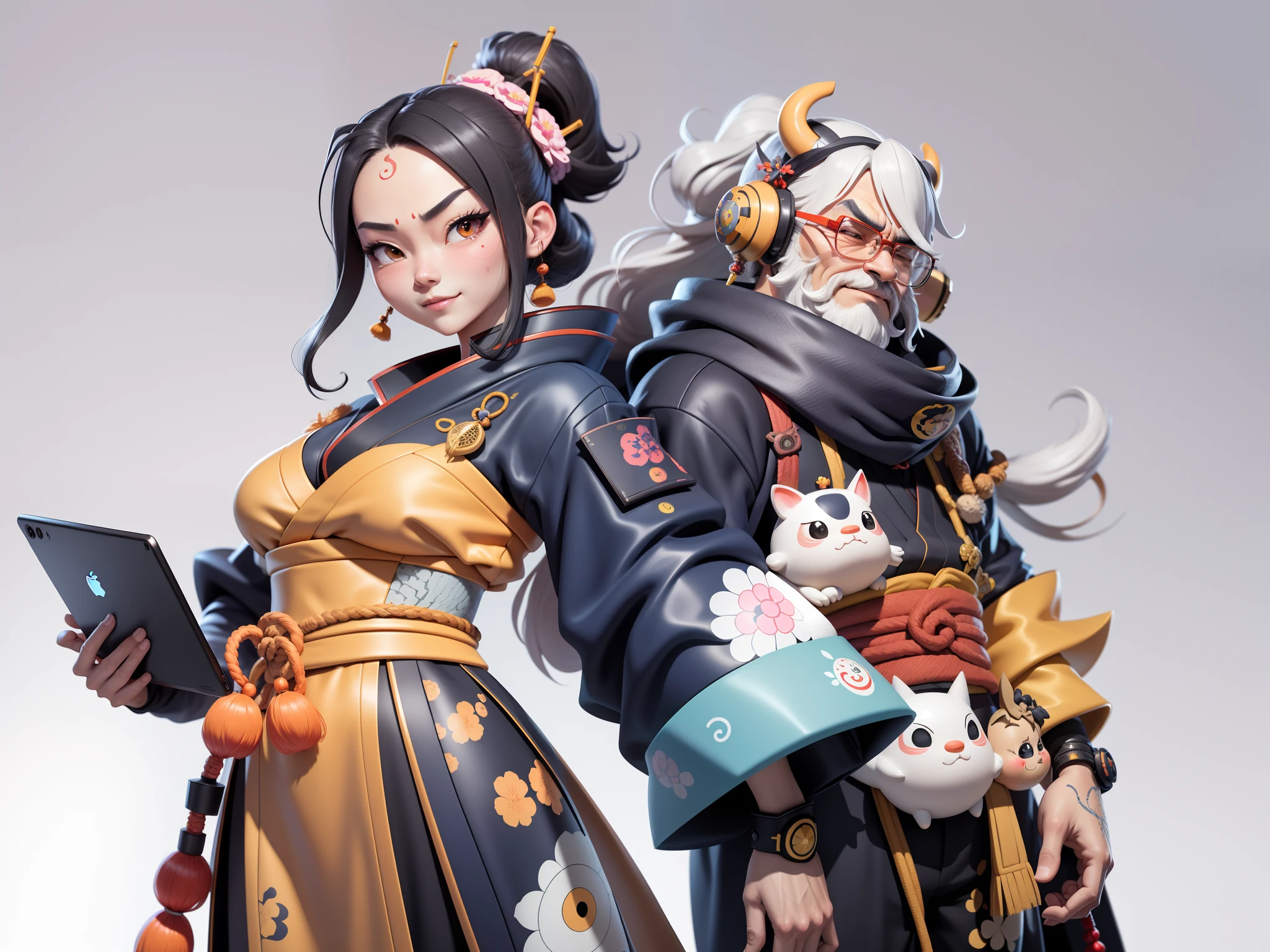(Daisaku),(Need),(Super meticulous),(full bodyesbian:1.2),Japanese ukiyo-e girl，japanese geisha，Beautiful，Oriental dragon，Aeolian Thor，Raised sexy，爆乳，Oriental face，TV Anchor，Bust portrait illustration，Alone，In black suit，a blue tie，The face is slightly chubby，The face was clean，without a beard，Black super short hair，Black eyes，Smile confidently，3C computer sub-products，iPad， iphone，Digital painting，3D character design by Mark Clairen and Pixar and Hayao Miyazaki and Akira Toriyama，The illustration is a high-definition illustration in 4K resolution，With very detailed facial features and cartoon-style visuals。