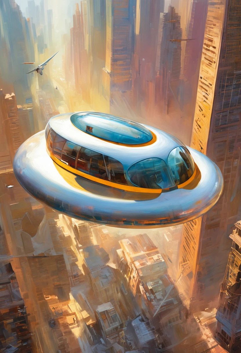 Carro futurista, designer oval, cabine transparente mostrando piloto, flying at altitude over a city with gleaming buildings on a planet illuminated by the midday sun, arte intrincada, detalhes precisos, fiction art, revista premiada, cinematic quality, 8K