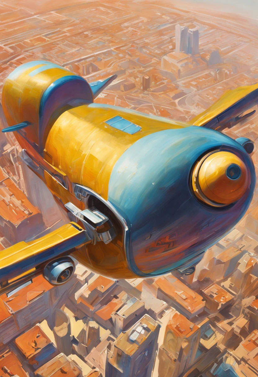 Carro futurista, designer oval, cabine transparente mostrando piloto, flying at altitude over a city with gleaming buildings on a planet illuminated by the midday sun, arte intrincada, detalhes precisos, fiction art, revista premiada, cinematic quality, 8K
