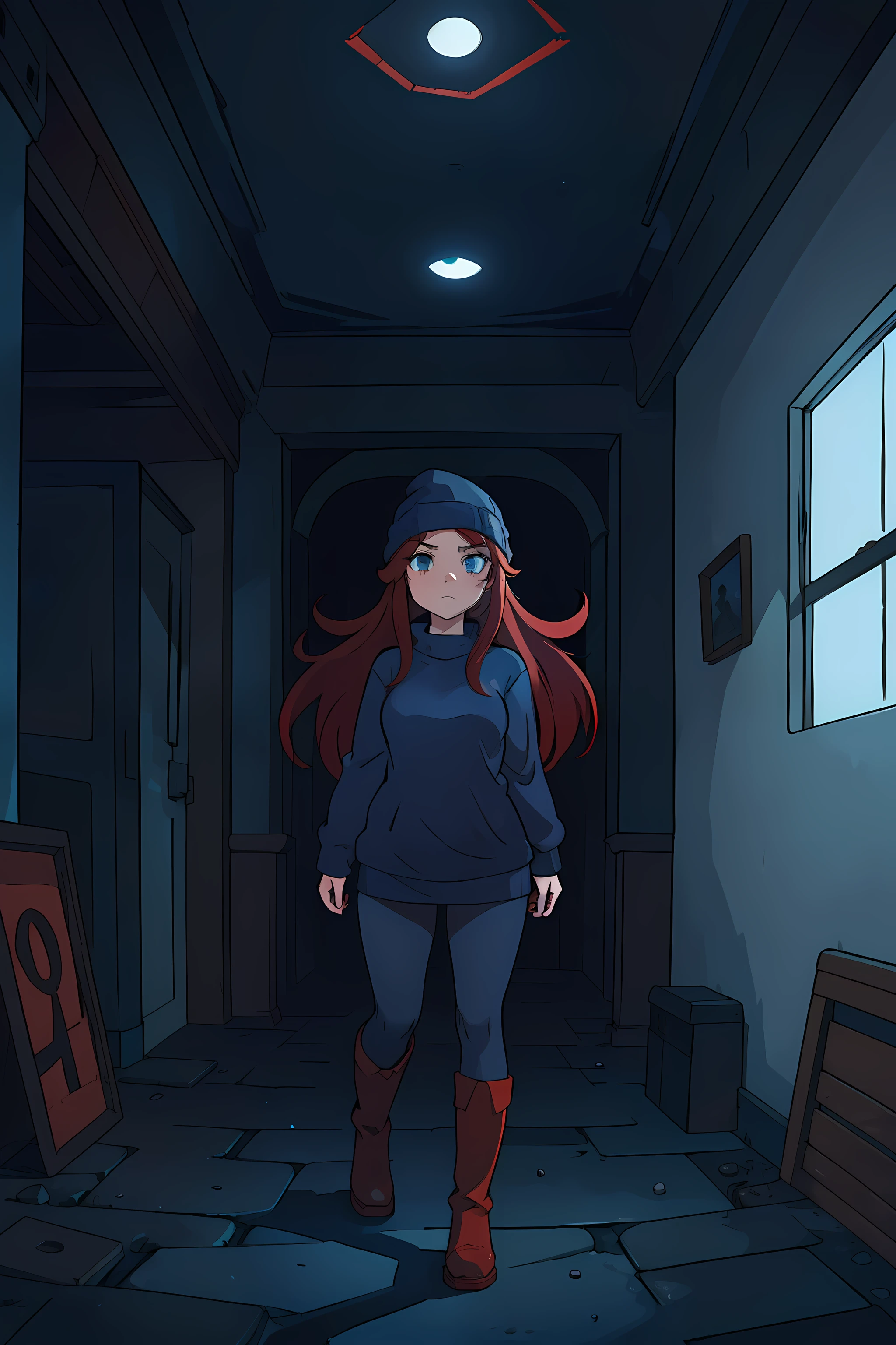 masterpiece, 4k, detailed, wide shot,1girl, slim woman with long red hair in a blue beanie, blue sweater, black tights, red boots, dramatic pose, in old dark building, gloomy dramatic, spooky lighting