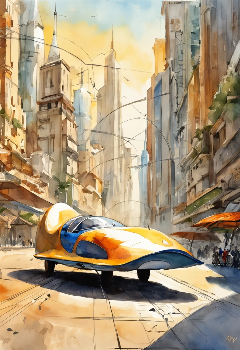 Carro futurista, designer oval, cabine transparente mostrando piloto, flying at altitude over a city with gleaming buildings on a planet illuminated by the midday sun, arte intrincada, detalhes precisos, fiction art, revista premiada, cinematic quality, 8K