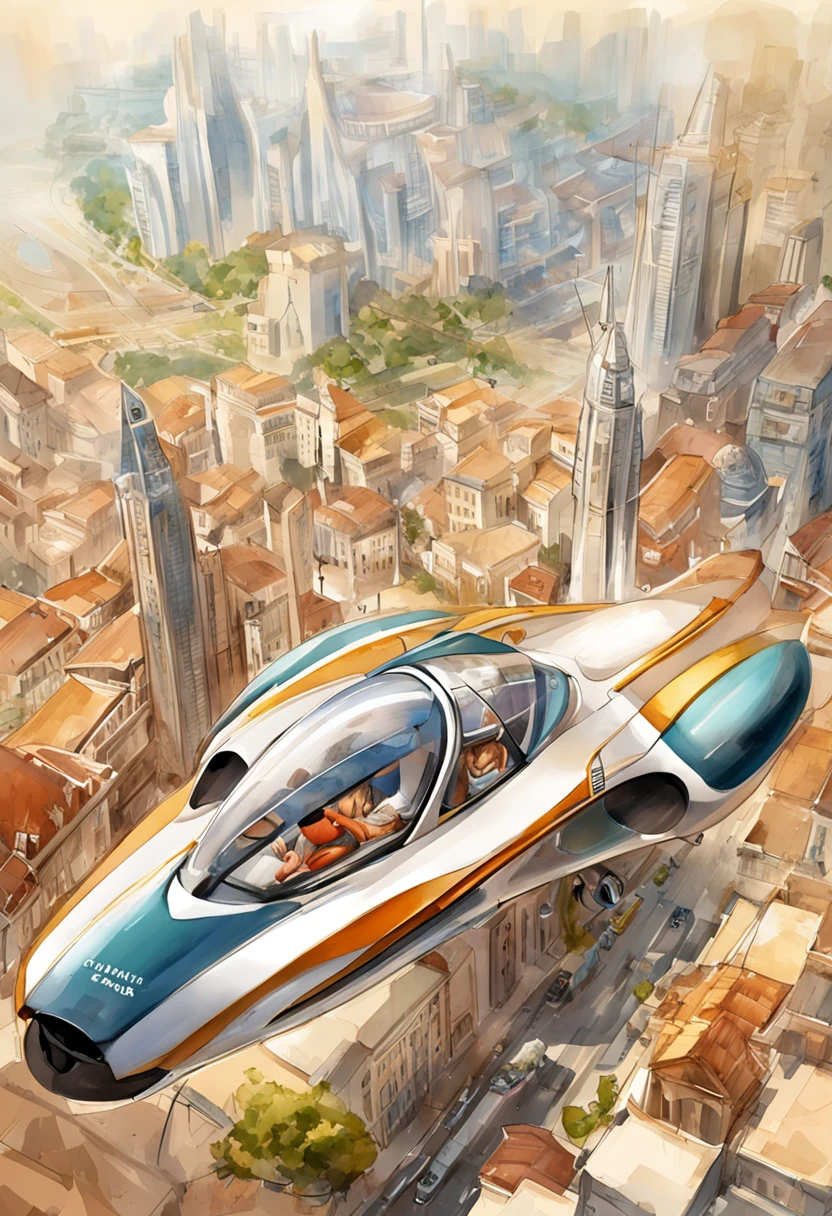 Carro futurista, designer oval, cabine transparente mostrando piloto, flying at altitude over a city with gleaming buildings on a planet illuminated by the midday sun, arte intrincada, detalhes precisos, fiction art, revista premiada, cinematic quality, 8K