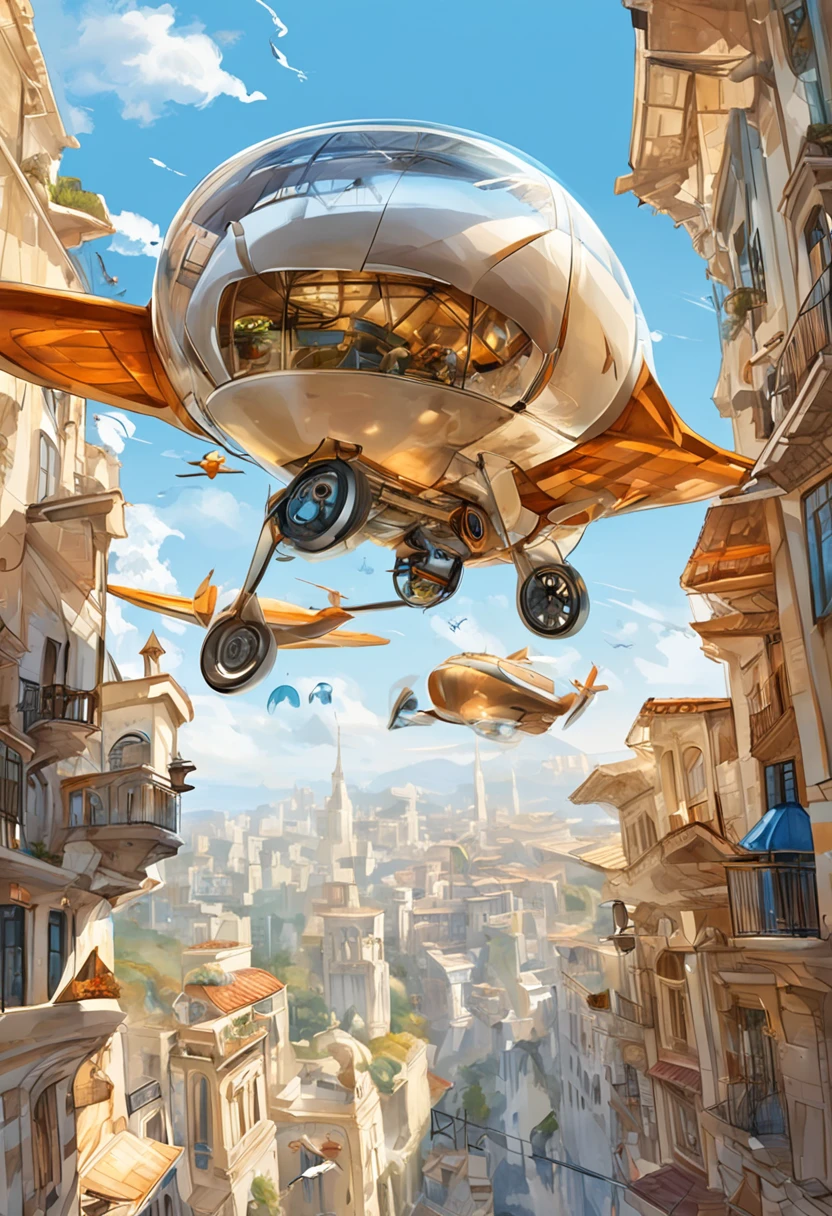 Carro futurista, designer oval, cabine transparente mostrando piloto, flying at altitude over a city with gleaming buildings on a planet illuminated by the midday sun, arte intrincada, detalhes precisos, fiction art, revista premiada, cinematic quality, 8K