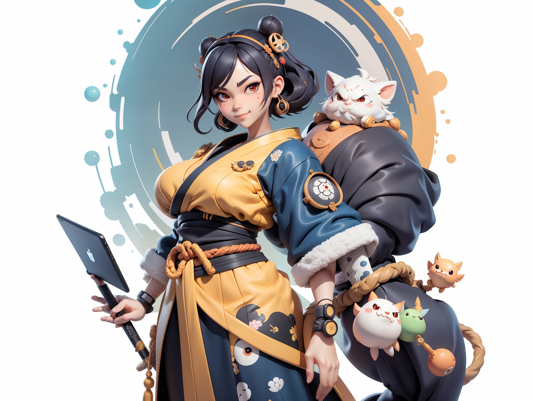 (Daisaku),(Need),(Super meticulous),(full bodyesbian:1.2),Japanese ukiyo-e girl,japanese geisha,Beautiful,Oriental dragon,Aeolian Thor,Raised sexy,爆乳,Oriental face,TV Anchor,Bust portrait illustration,Alone,In black suit,a blue tie,The face is slightly chubby,The face was clean,without a beard,Black super short hair,Black eyes,Smile confidently,3C computer sub-products,iPad, iphone,Digital painting,3D character design by Mark Clairen and Pixar and Hayao Miyazaki and Akira Toriyama,The illustration is a high-definition illustration in 4K resolution,With very detailed facial features and cartoon-style visuals。