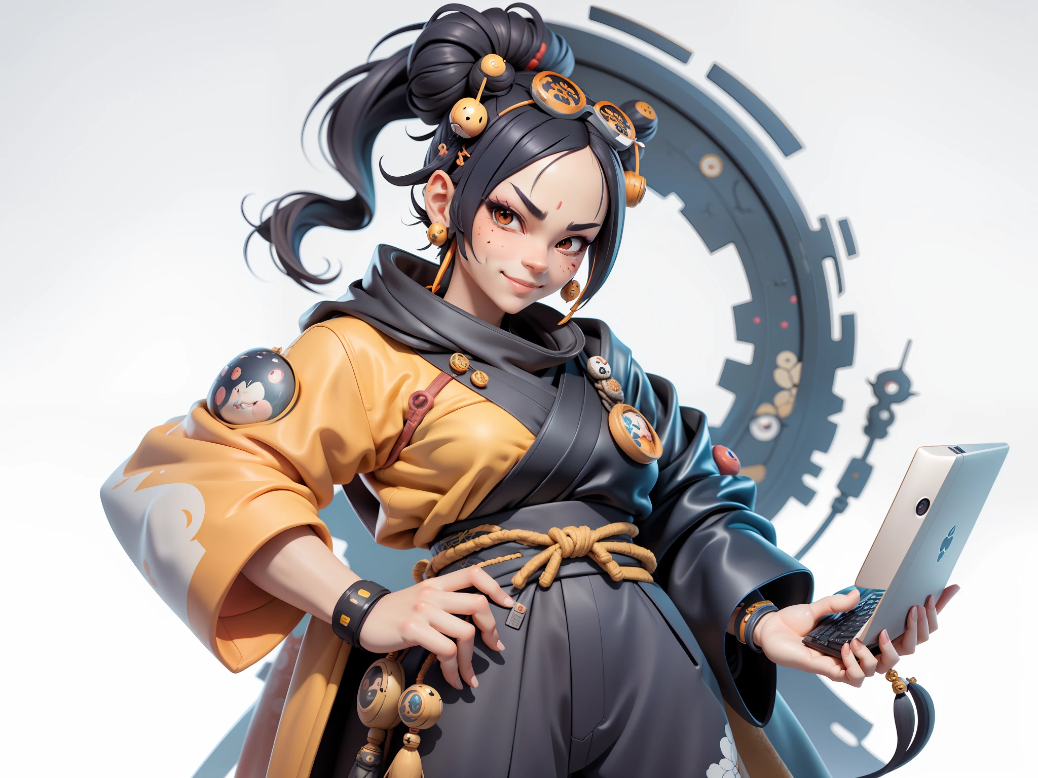 (Daisaku),(Need),(Super meticulous),(full bodyesbian:1.2),Japanese ukiyo-e girl,japanese geisha,Beautiful,Oriental dragon,Aeolian Thor,Raised sexy,爆乳,Oriental face,TV Anchor,Bust portrait illustration,Alone,In black suit,a blue tie,The face is slightly chubby,The face was clean,without a beard,Black super short hair,Black eyes,Smile confidently,3C computer sub-products,iPad, iphone,Digital painting,3D character design by Mark Clairen and Pixar and Hayao Miyazaki and Akira Toriyama,The illustration is a high-definition illustration in 4K resolution,With very detailed facial features and cartoon-style visuals。