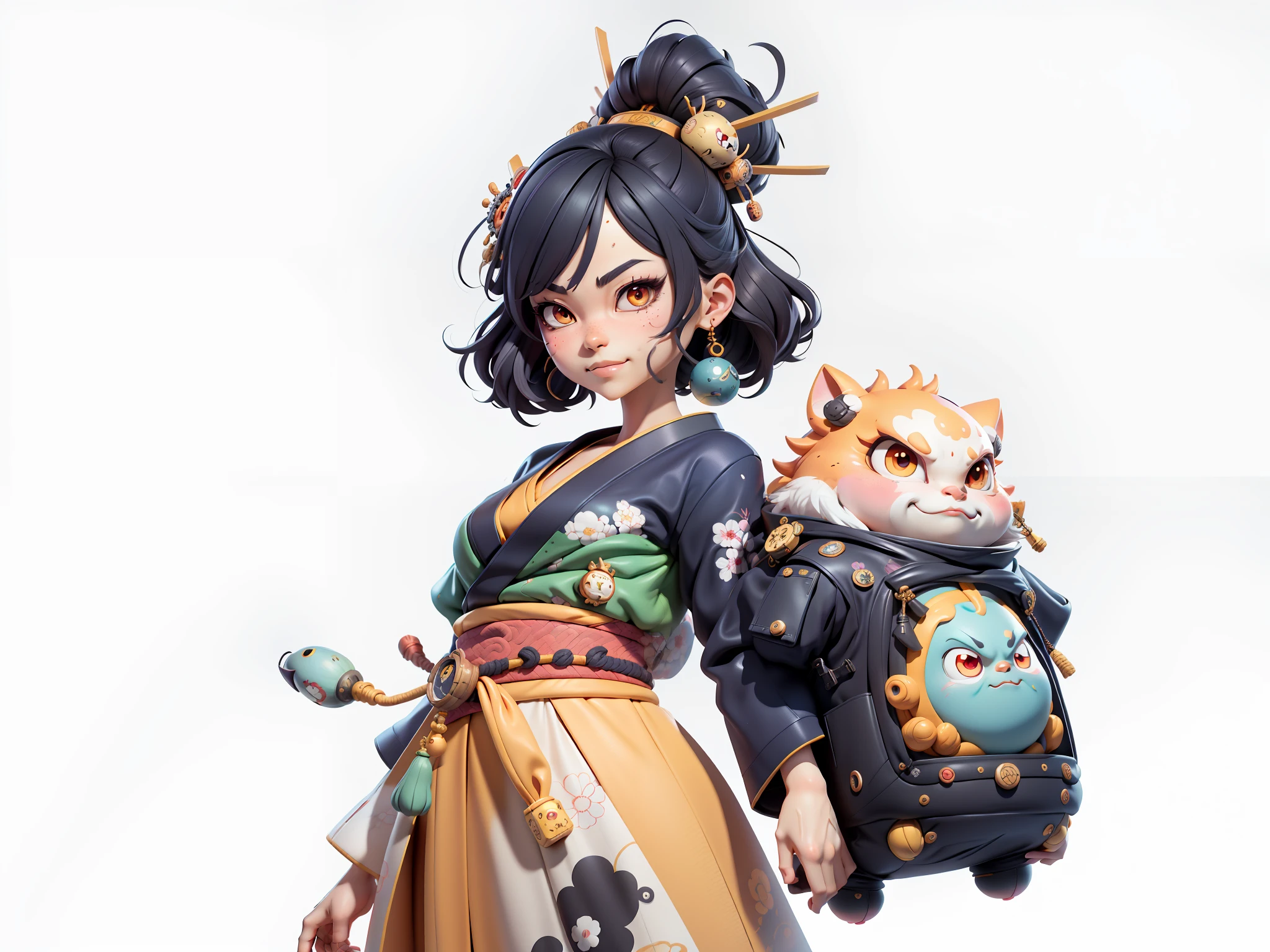 (Daisaku),(Need),(Super meticulous),(full bodyesbian:1.2),Japanese ukiyo-e girl,japanese geisha,Beautiful,Oriental dragon,Aeolian Thor,Raised sexy,爆乳,Oriental face,TV Anchor,Bust portrait illustration,Alone,In black suit,a blue tie,The face is slightly chubby,The face was clean,without a beard,Black super short hair,Black eyes,Smile confidently,3C computer sub-products,iPad, iphone,Digital painting,3D character design by Mark Clairen and Pixar and Hayao Miyazaki and Akira Toriyama,The illustration is a high-definition illustration in 4K resolution,With very detailed facial features and cartoon-style visuals。