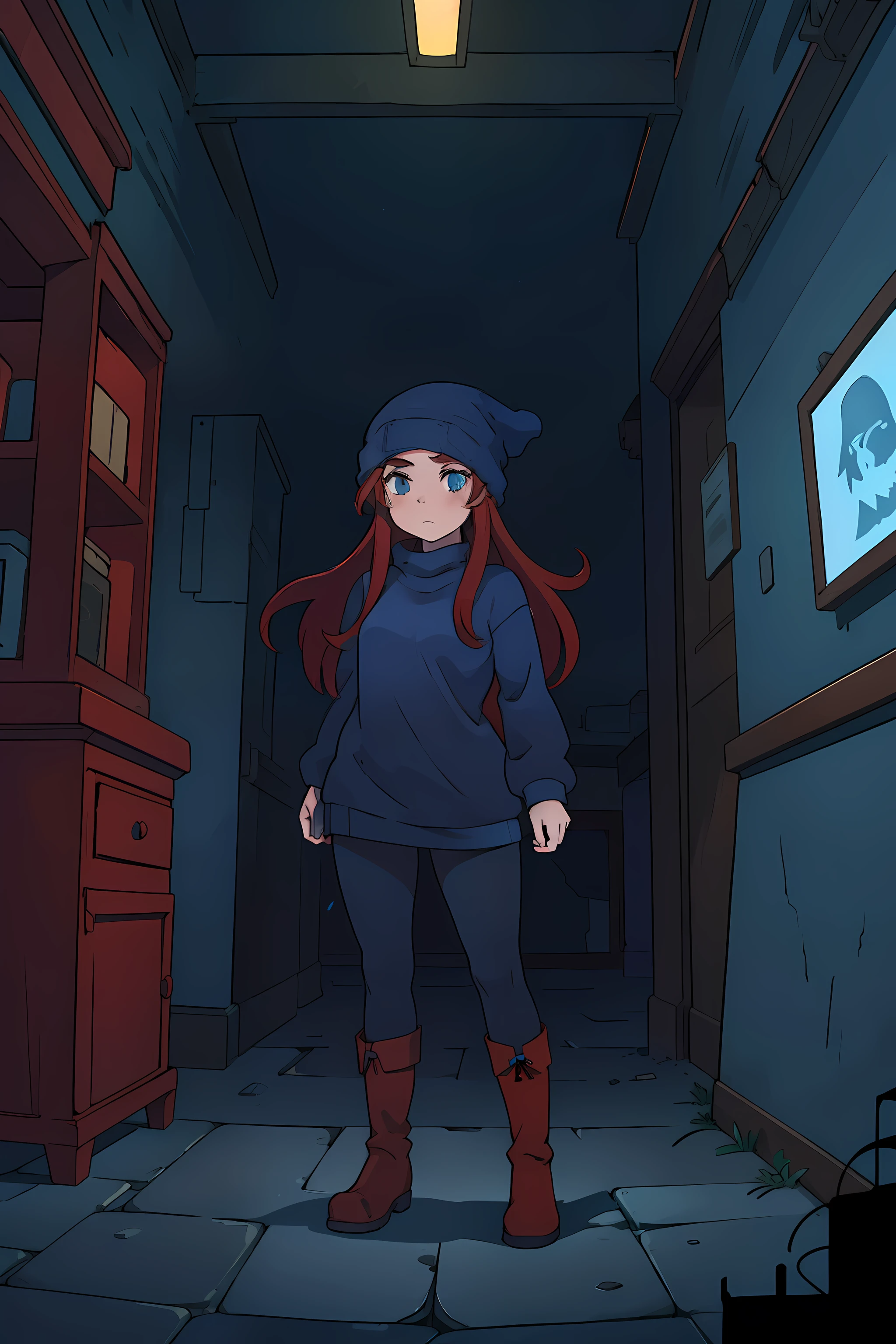 masterpiece, 4k, detailed, wide shot,1girl, slim woman with long red hair in a blue beanie, blue sweater, black tights, red boots, dramatic pose, in old dark building, gloomy dramatic, spooky lighting