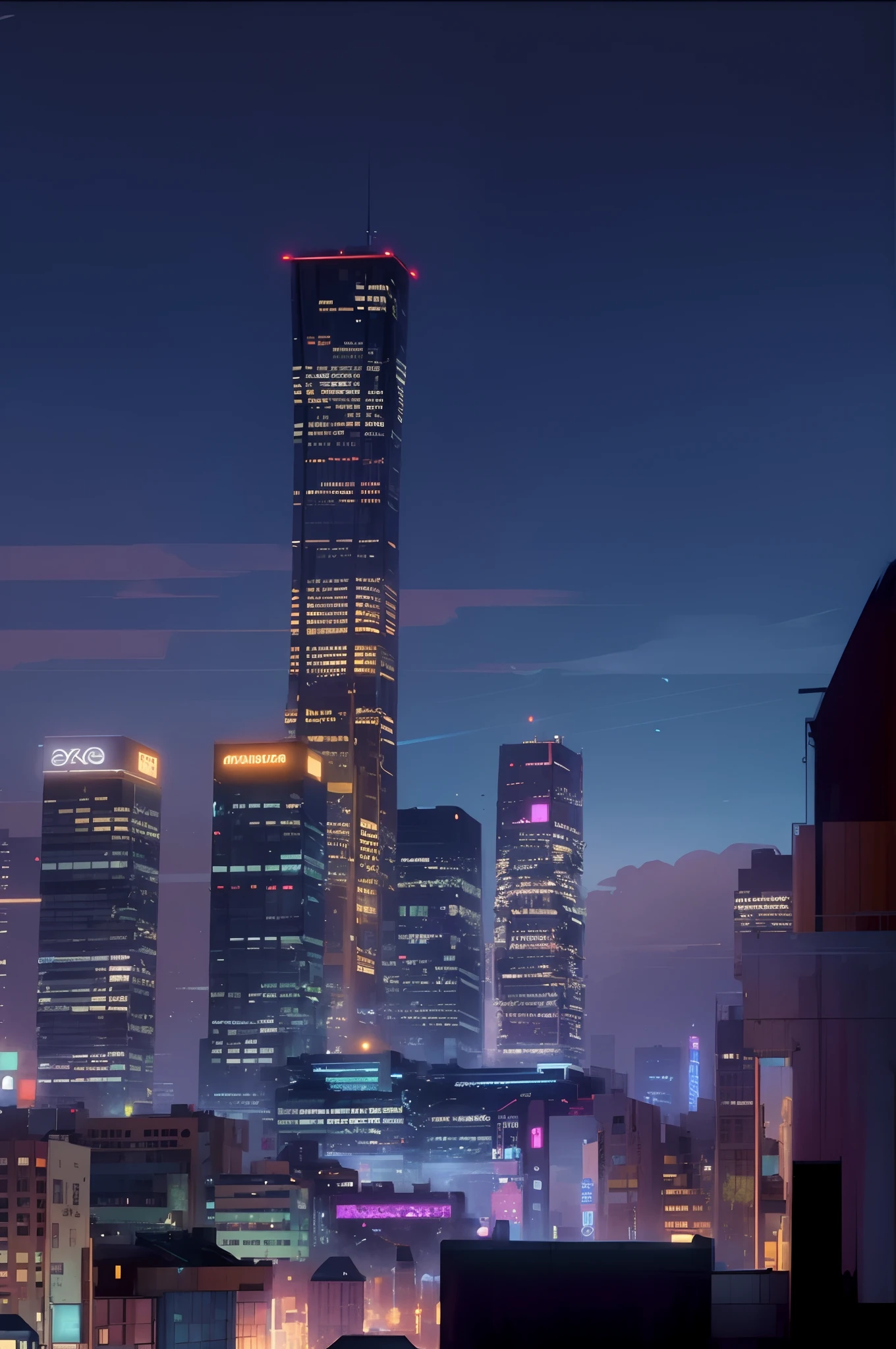 Night view of the city with skyscrapers and clock towers, low details. Digital painting, concept art style, anime style cityscape, hd anime cityscape, urban concept art, Official concept art, Detailed 2D illustration, krenz cushart and wenjun lin, digital painting concept art, ross tran. scenery background, neo tokyo background, 8 k resolution digital painting