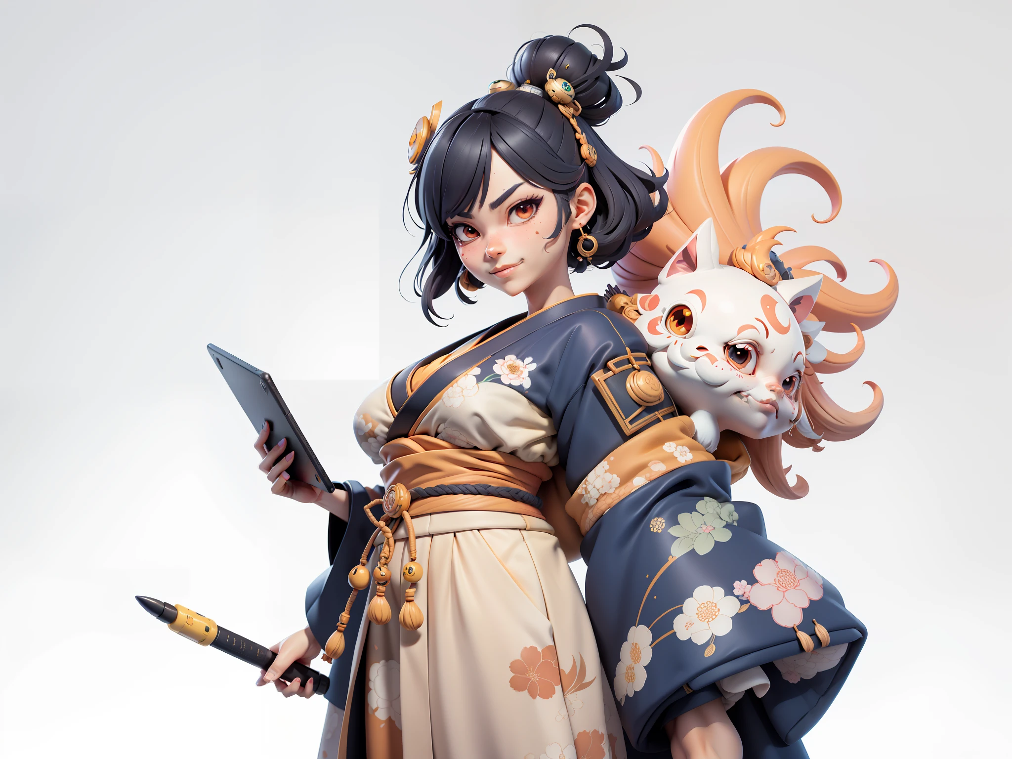 (Daisaku),(Need),(Super meticulous),(full bodyesbian:1.2),Japanese ukiyo-e girl，japanese geisha，Beautiful，Oriental dragon，Aeolian Thor，Raised sexy，爆乳，Oriental face，TV Anchor，Bust portrait illustration，Alone，In black suit，a blue tie，The face is slightly chubby，The face was clean，without a beard，Black super short hair，Black eyes，Smile confidently，3C computer sub-products，iPad， iphone，Digital painting，3D character design by Mark Clairen and Pixar and Hayao Miyazaki and Akira Toriyama，The illustration is a high-definition illustration in 4K resolution，With very detailed facial features and cartoon-style visuals。