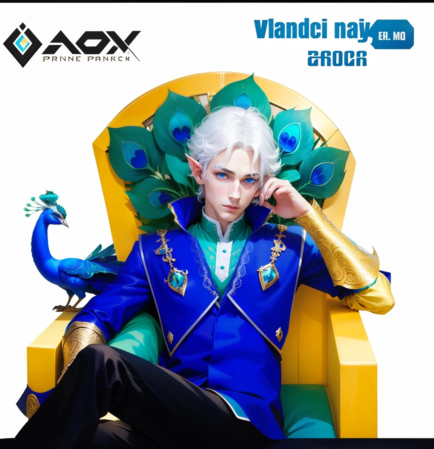 Boy ,prince, blue eyes, white hair , handsome, charming,elf, peacock, realistic, ultra detail, peacock feathers, golden thorne.
