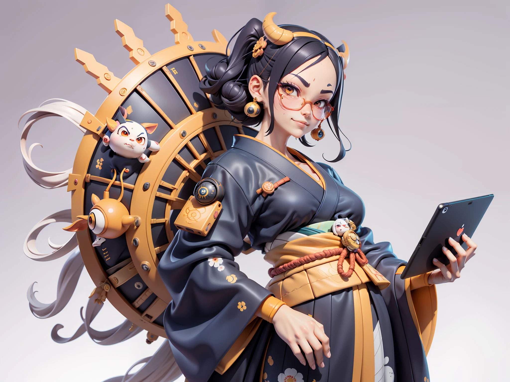 (Daisaku),(Need),(Super meticulous),(full bodyesbian:1.2),Japanese ukiyo-e girl,japanese geisha,Beautiful,Oriental dragon,Aeolian Thor,Raised sexy,爆乳,Oriental face,TV Anchor,Bust portrait illustration,Alone,In black suit,a blue tie,The face is slightly chubby,The face was clean,without a beard,Black super short hair,Black eyes,Smile confidently,3C computer sub-products,iPad, iphone,Digital painting,3D character design by Mark Clairen and Pixar and Hayao Miyazaki and Akira Toriyama,The illustration is a high-definition illustration in 4K resolution,With very detailed facial features and cartoon-style visuals。