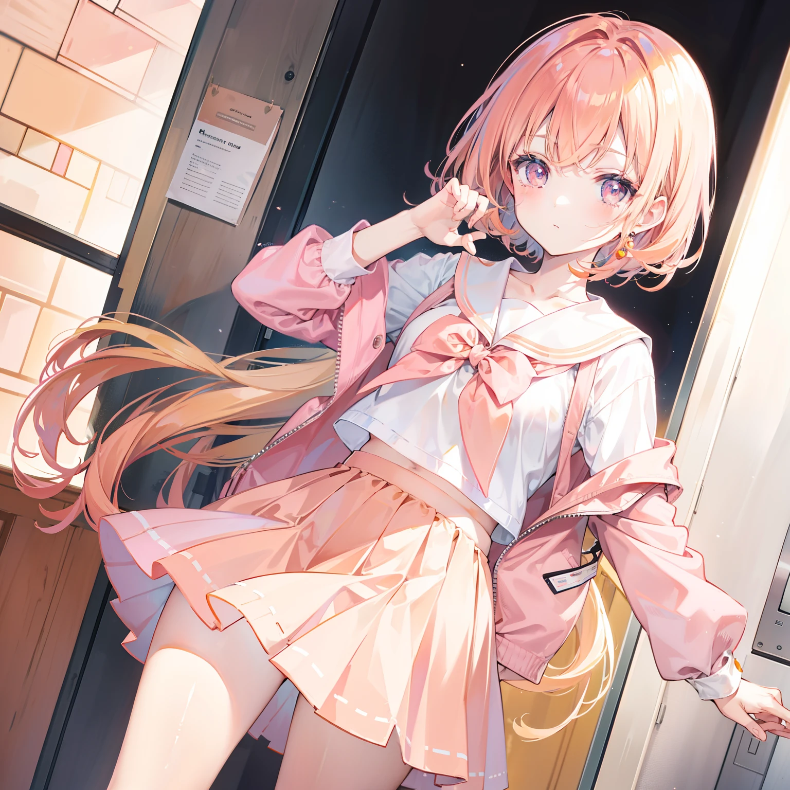Apricot hair color,Light pink eyes,Apricot pink student top,Pale pink hip skirt,A sweet girl