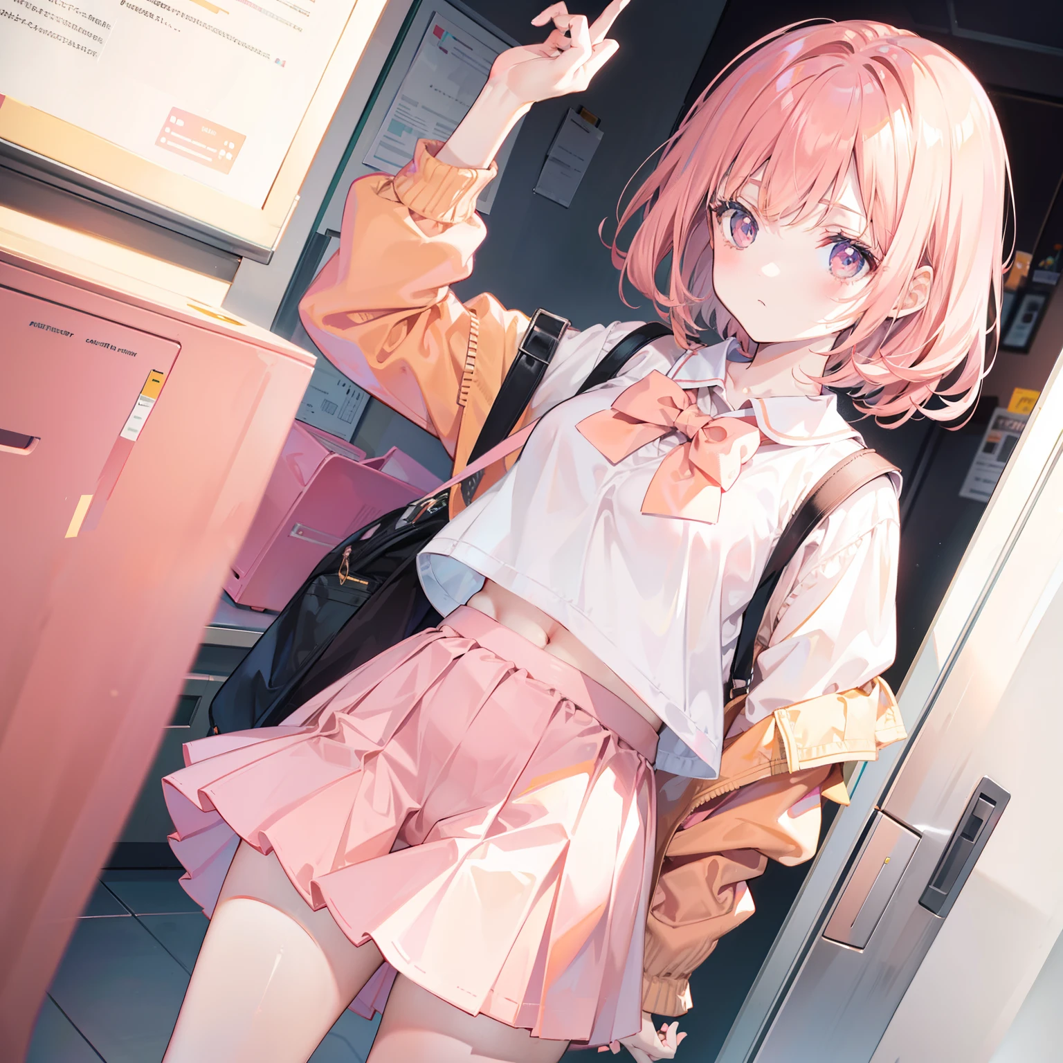 Apricot hair color,Light pink eyes,Apricot pink student top,Pale pink hip skirt,A sweet girl
