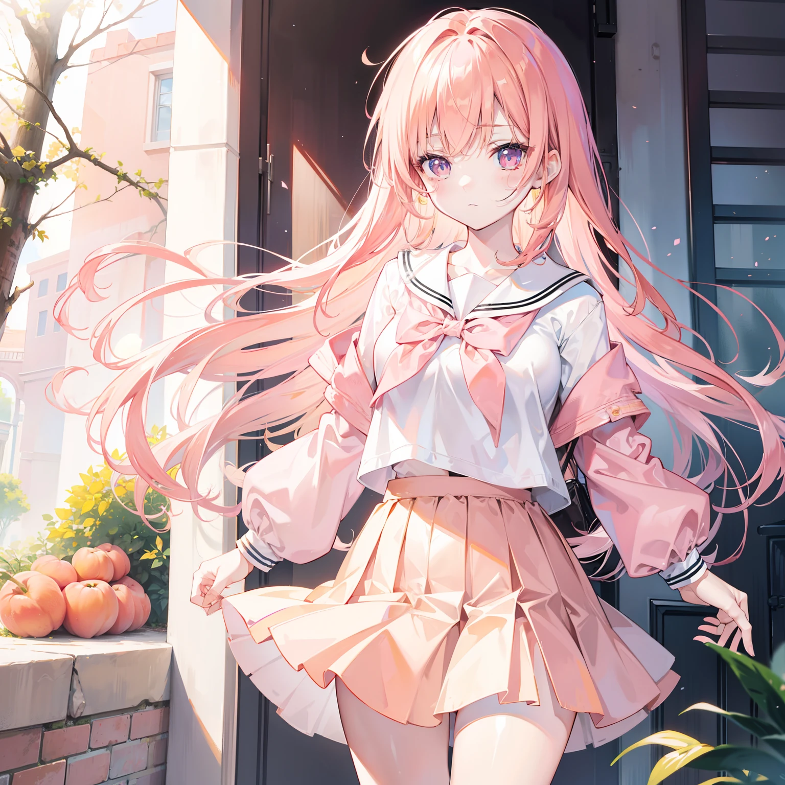 Apricot hair color,Light pink eyes,Apricot pink student top,Pale pink hip skirt,A sweet girl