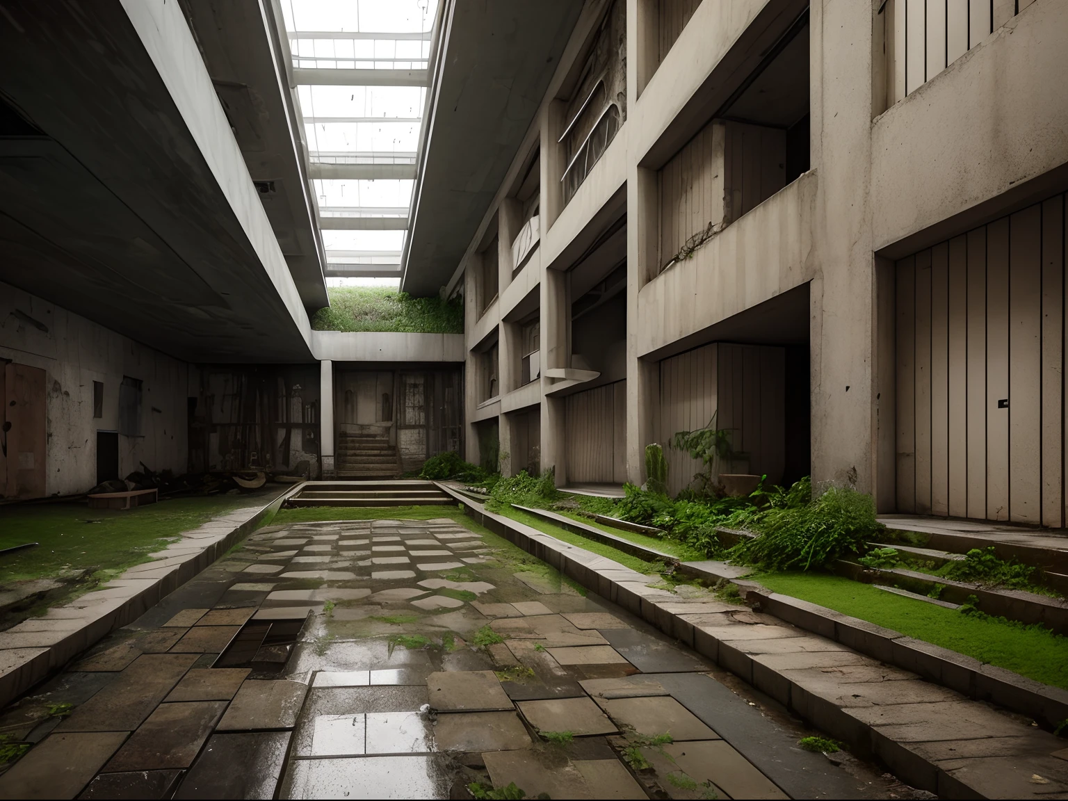 sculptures in a liminal place, gloomy ambience, abandoned, backrooms, dirty, brutalist architecture, tension, nostalgic, giant, labyrinth, steps, stairs, plants, 4k, HD, destroyed, a fountain, puddles, rusty, yellowish
