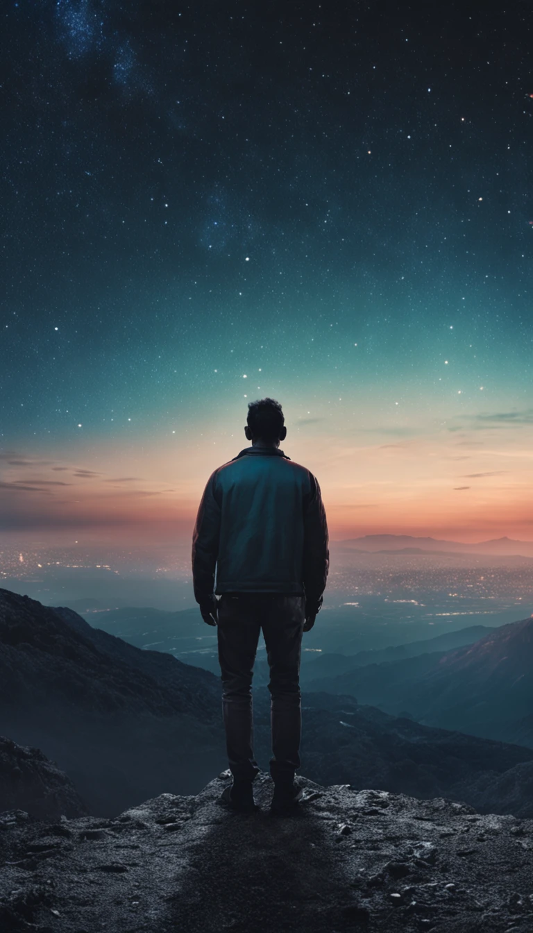 A man stands in front of a dark blue starry sky around him