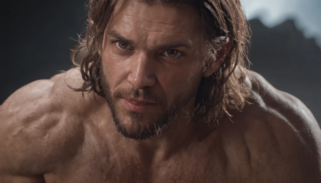(Professional 3D rendering:1.3) de (Realistic:1.3) foto de arte mais bonita do mundo,soft features, brilliant male heroes, ((Epic hero rough fantasy muscular man wet hero angry look long hair short beard and fierce expression in dynamic pose, fantastic location, majestoso ambiente desordenado)), corpo inteiro 8k unidade render, action shot, poros da pele, very dark lighting, sombreamento pesado, circunstanciado, rosto detalhado, (Vibrando, Fotografia realista, Realistic, Dramatic, Escuro, foco nítido, 8k), (Roupas de couro velhas danificadas pelo mau tempo:1.4), ((((Use peles)))), (intrincado:1.4), decadente, (altamente detalhado:1.4), Pintura digital, rendering by octane, art stations, conceito-arte, liso, foco nítido, illustration, germe da arte, (Loish:0.23), Wlop Ilya Kuvshinov, e greg rutkowski e alphonse mucha gracias, (global ilumination, studiolight, light volumetric), chuva forte, floating particles, patife, fantasia, Nosso, Corpo inteiroesbiano, ((Fundo escuro e antigo da cidade:1.3)),CGSesociedade,art stations