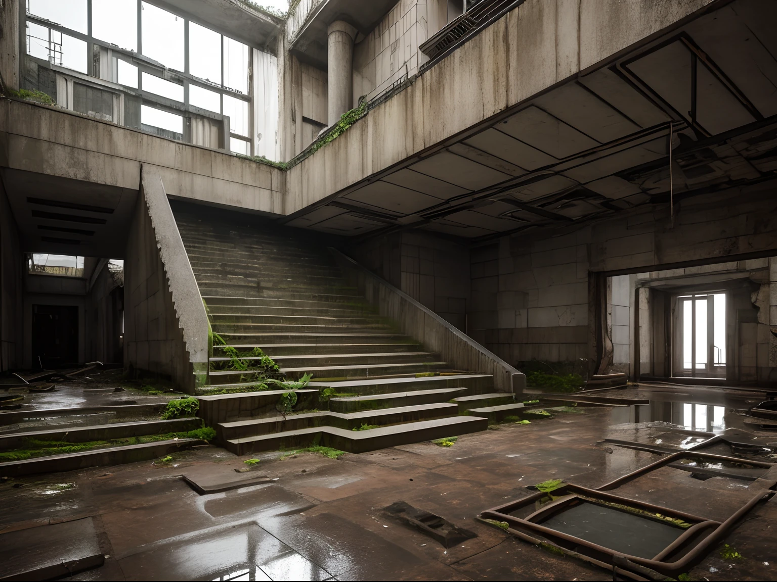 sculptures in a liminal place, gloomy ambience, abandoned, backrooms, dirty, brutalist architecture, tension, nostalgic, giant, labyrinth, steps, stairs, plants, 4k, HD, destroyed, a fountain, puddles, rusty wires, yellowish, columns