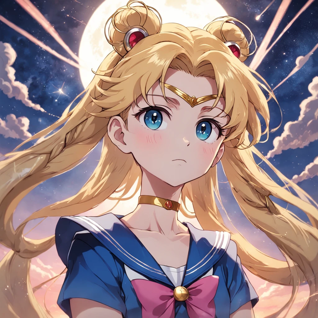 cria um personagem de anime masculino com cabelos loiros escuros ondulados com o estilo de de desenho da sailor moon com um fundo lunar