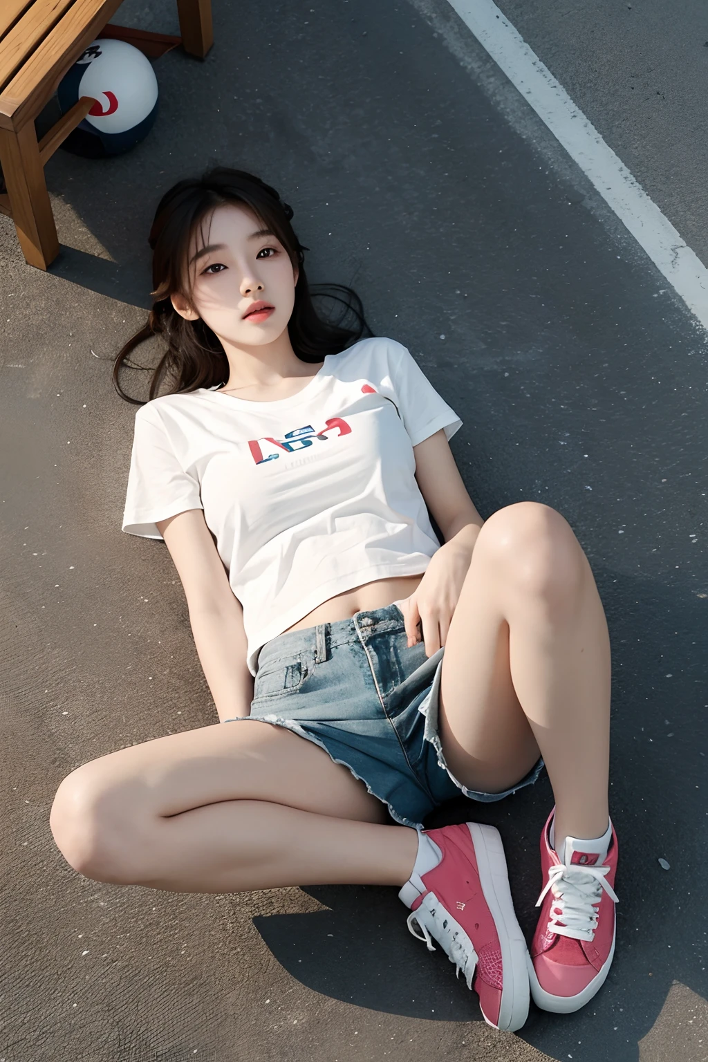 Korean girl lying on the ground,is wearing a shorts,Spread your legs
