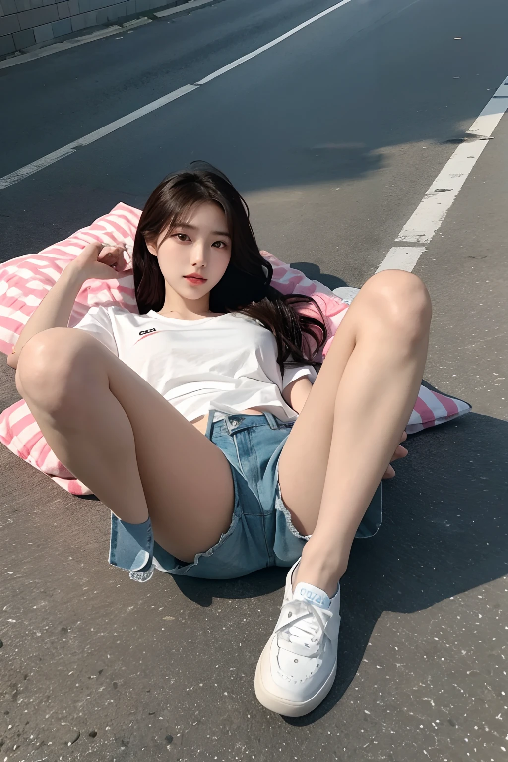 Korean girl lying on the ground,is wearing a shorts,Spread your legs