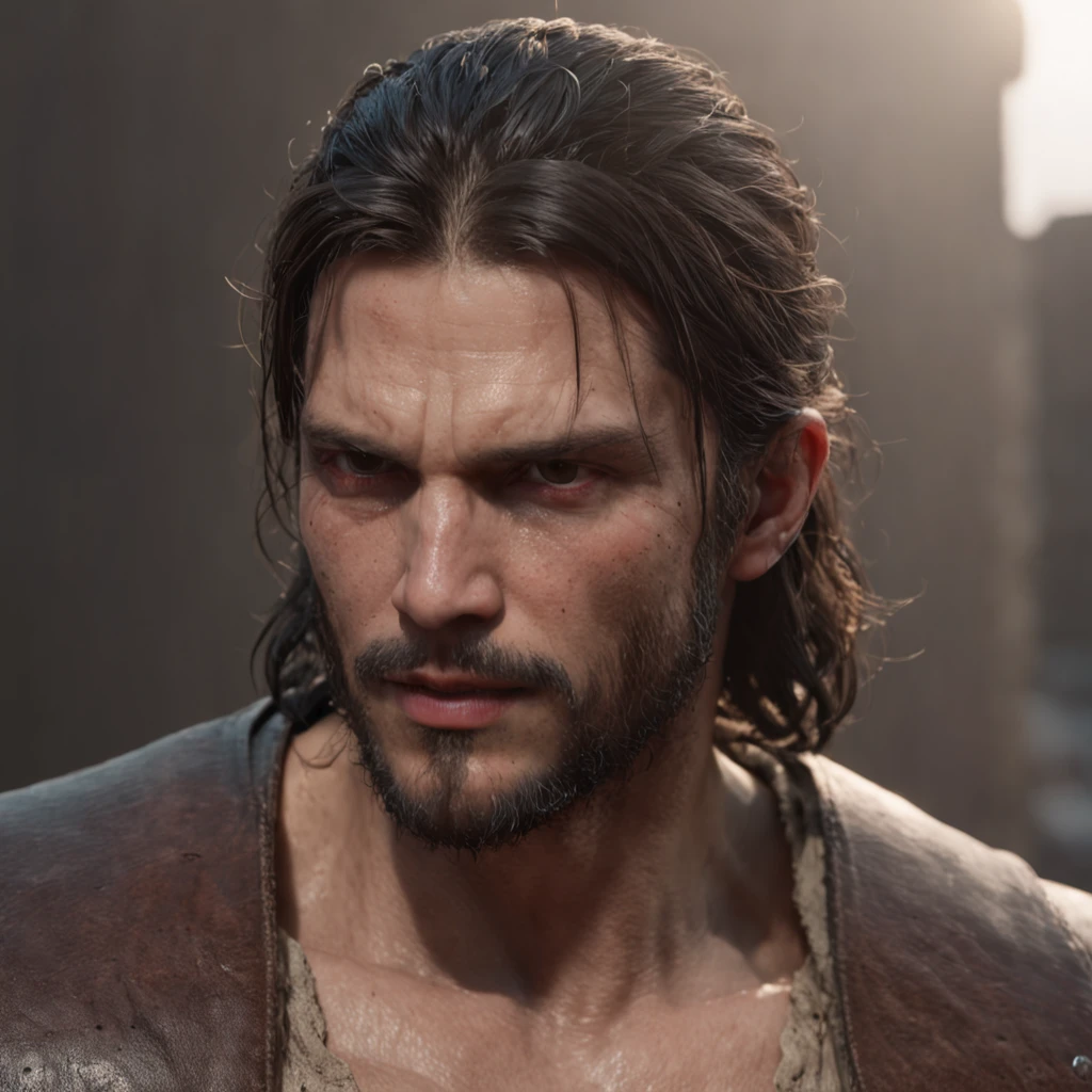 (Rendu 3D professionnel:1.3) DE (Realstic:1.3) The most beautiful art photo in the world,Features of gentle and bright male heroes, ((Epic hero fantasy muscle rough man wet angry hero look at long hair short beard and fierce expression in dynamic pose, Emplacement fantastique, Majestic and crowded environment)), Rendu Unity 8k complet, action SHOT, Very dark lighting, ombrage lourd, Detailed, Detailed face, (Dynamique, Realistic Photography, Realstic, dramatique, Sombre, mise au point nette, 8k), (Old leather clothing damaged by the weather:1.4), ((((Portez de la fourrure)))), (complexe:1.4), decadent, (highly detailed:1.4), digital painting, rendu par octane, Art stations, concept art, lisse, mise au point nette, illustration, Art Germ, (loish:0.23), WLOP Ilya Kuvshinov, et Greg Rutkowski et Alphonse Mucha Gracias, (Illumination globale, studio light, volumettic light), fortes pluies, Particules flottantes, FRIPON, fantaisie, Onze, corps entieresbienne, ((Dark and ancient background of the city:1.3)),CGSesociety,Art stations