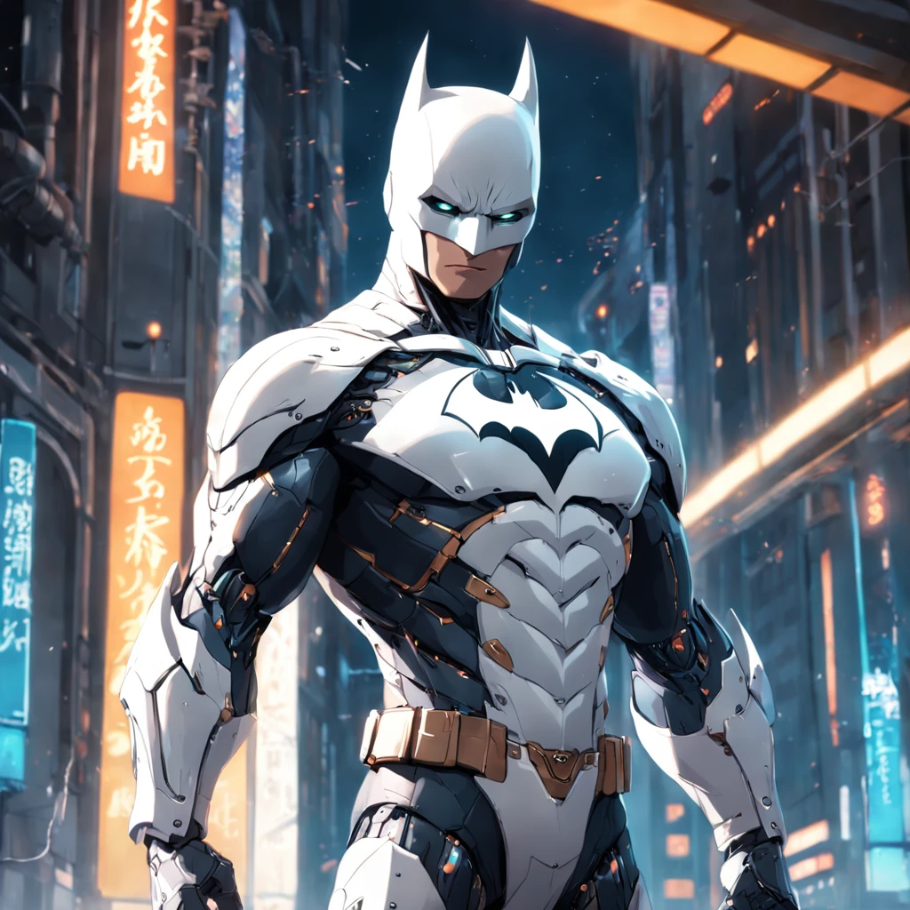 A realistic depiction of an advanced cybernetic suit wearing white Batman.