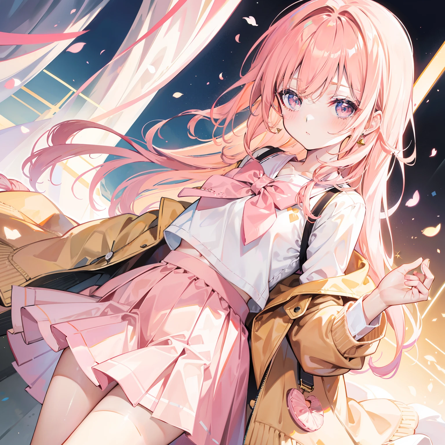Apricot hair color，Light pink eyes，Apricot pink school top，Pale pink straight skirt，A sweet girl