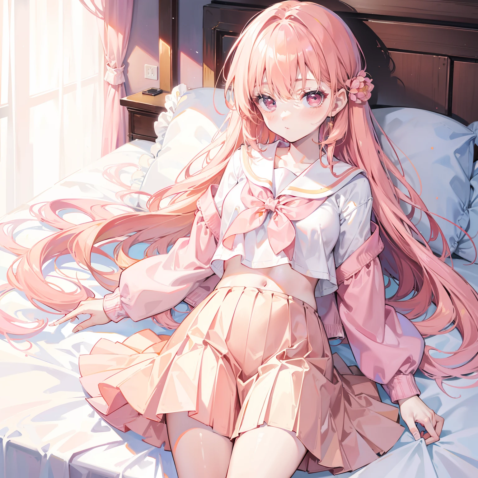 Coral pink hair,Long hair,hair over one eye,Gray eyes,feather hair ornament,cute,Girl,Plaid skirt,No shoes on your feet,White silk pantyhose,White silk pantyhose,whole body,sleep on the floor,Don't show your arms,White bed in the background,Blue sky and white clouds