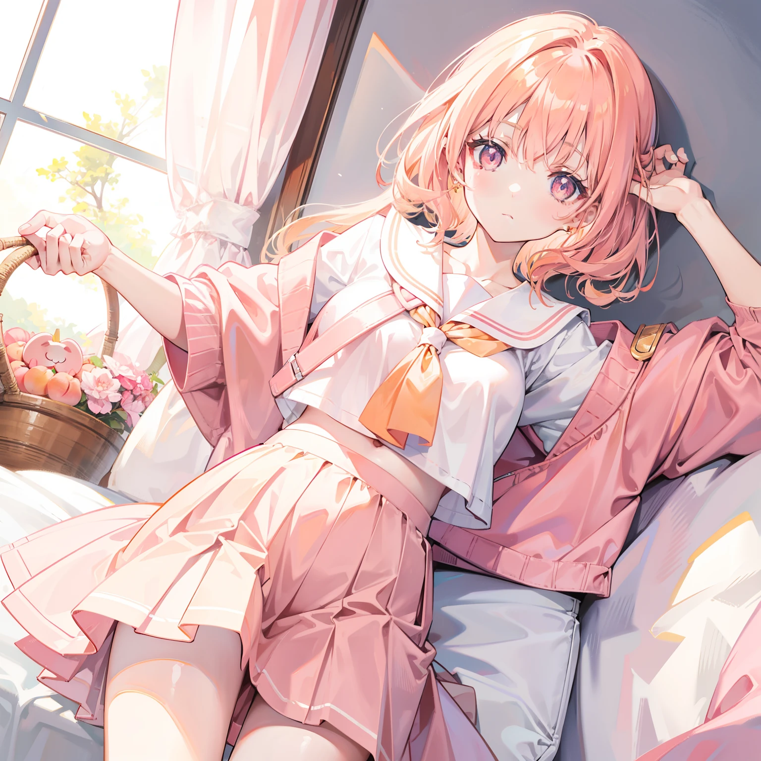 Apricot hair color，Light pink eyes，Apricot pink school top，Pale pink straight skirt，A sweet girl