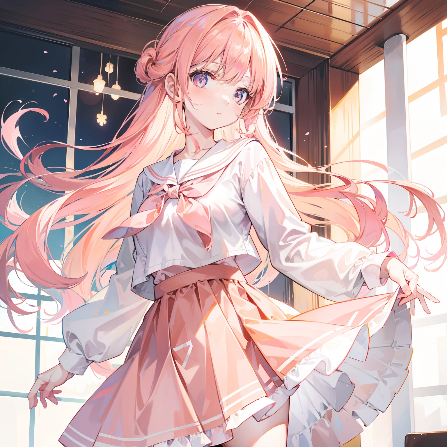 Apricot hair color，Light pink eyes，Apricot pink school top，Pale pink straight skirt，A sweet girl