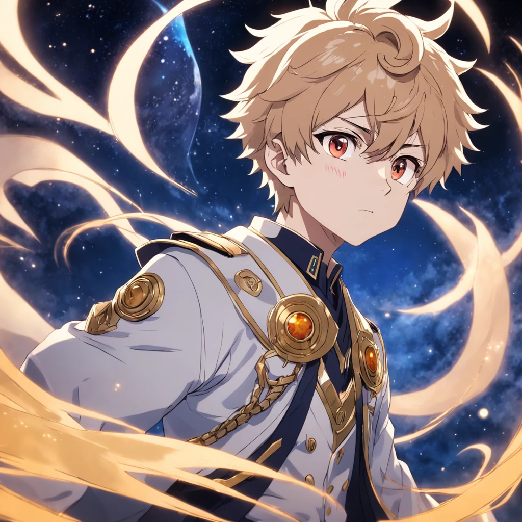 cria um personagem de anime masculino com cabelos loiros escuros ondulados com um fundo lunar