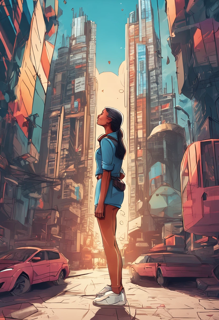 young woman tech entrepreneur stand up over his own building watching horizons, hiperrealism, 9:16