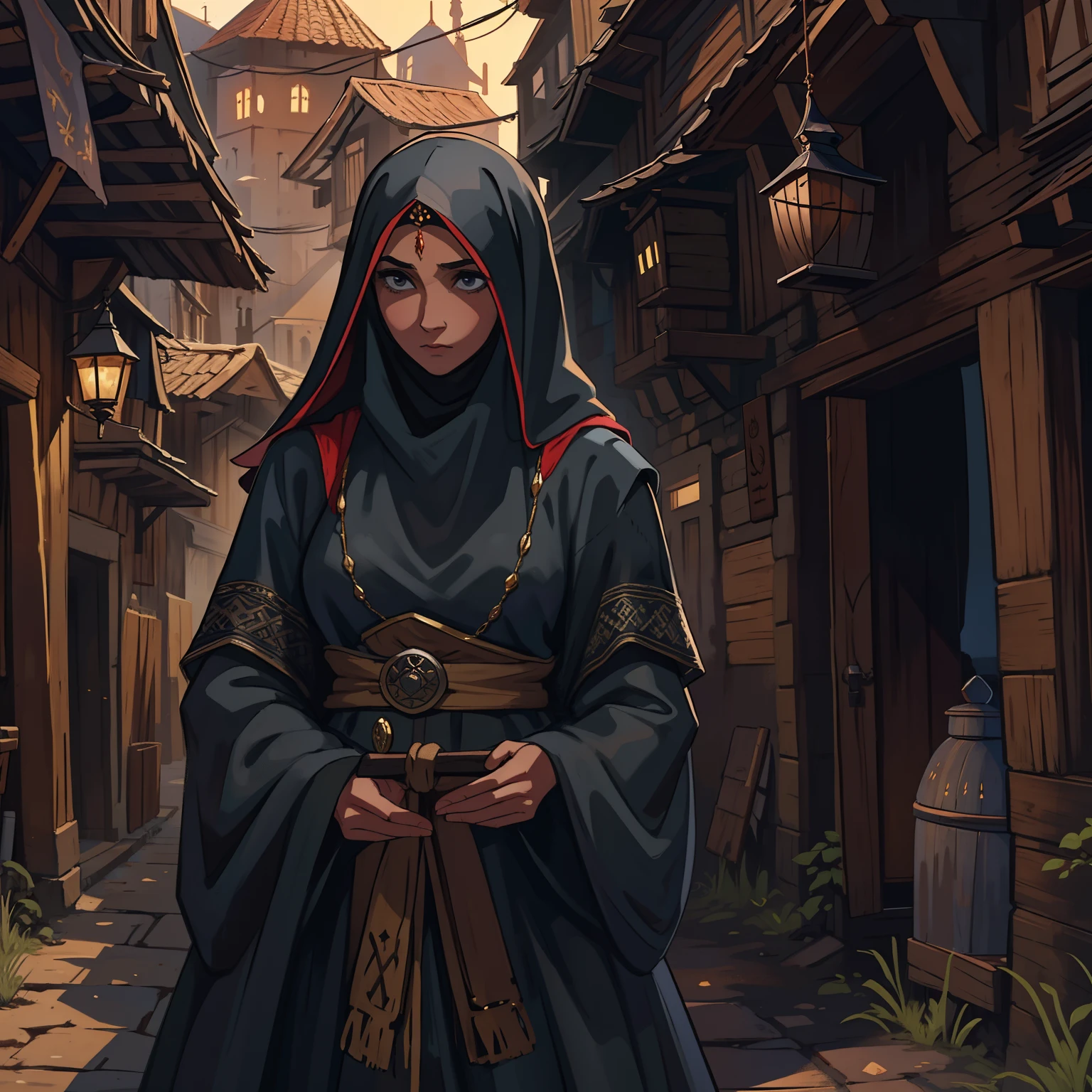 Uma velhinha doce e gentil vestindo um xador, traje do deserto, traditional Islamic clothing, She's in a dark and deserted medieval town, she's in a medieval town, wooden houses, dark shades, black clothes, dark environment, medieval medieval art, rpg, art art rpg.