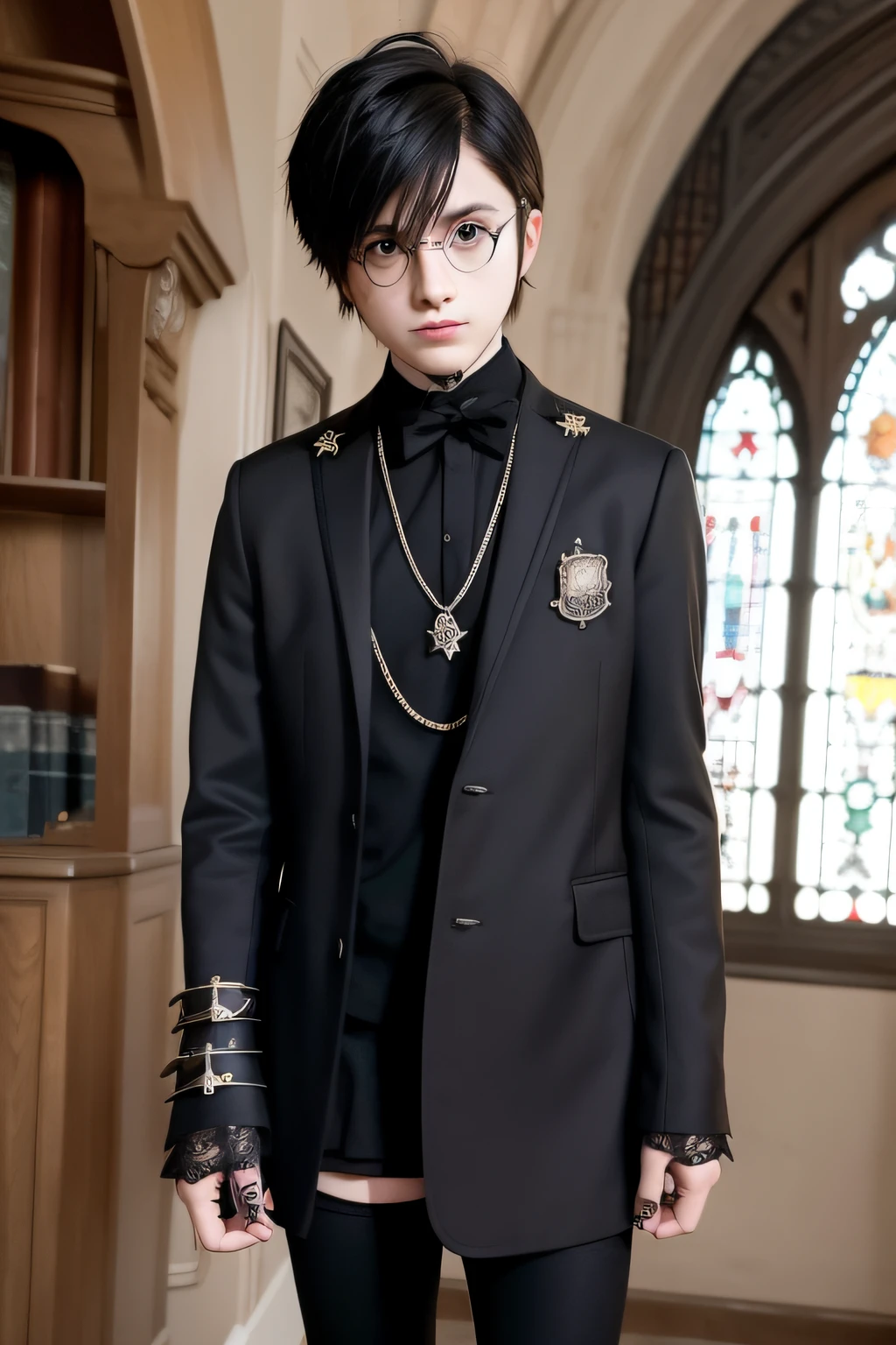an emo ??? dressed as harry potter ina medieval school, piercing, emopunk, aesthetic, tumbler style