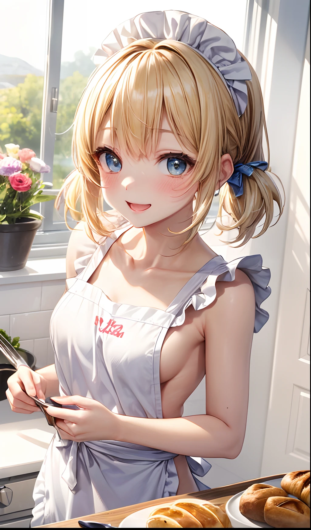 absurderes, ultra-detailliert,bright colour, extremely beautiful detailed anime face and eyes, view straight on, ;D, shiny_skin,25 years old, Short hair, , asymmetrical bangs, Blonde hair with short twin tails, Shiny hair, Delicate beautiful face, red blush、Blue eyes, White skin, hair clips,  laught、(Naked apron:1.3)、looks from behind、kitchin、(Cooking:1.4),(Upper body:1.2)、Valley、Slender body、(Blonde short hair)、(low twintails)、Shiny hair、(preparing breakfast)、(Bright sunshine)、(glint)、You can see the blue sky from the window、Flowers in a vase、The table、breads、salad、White tableware